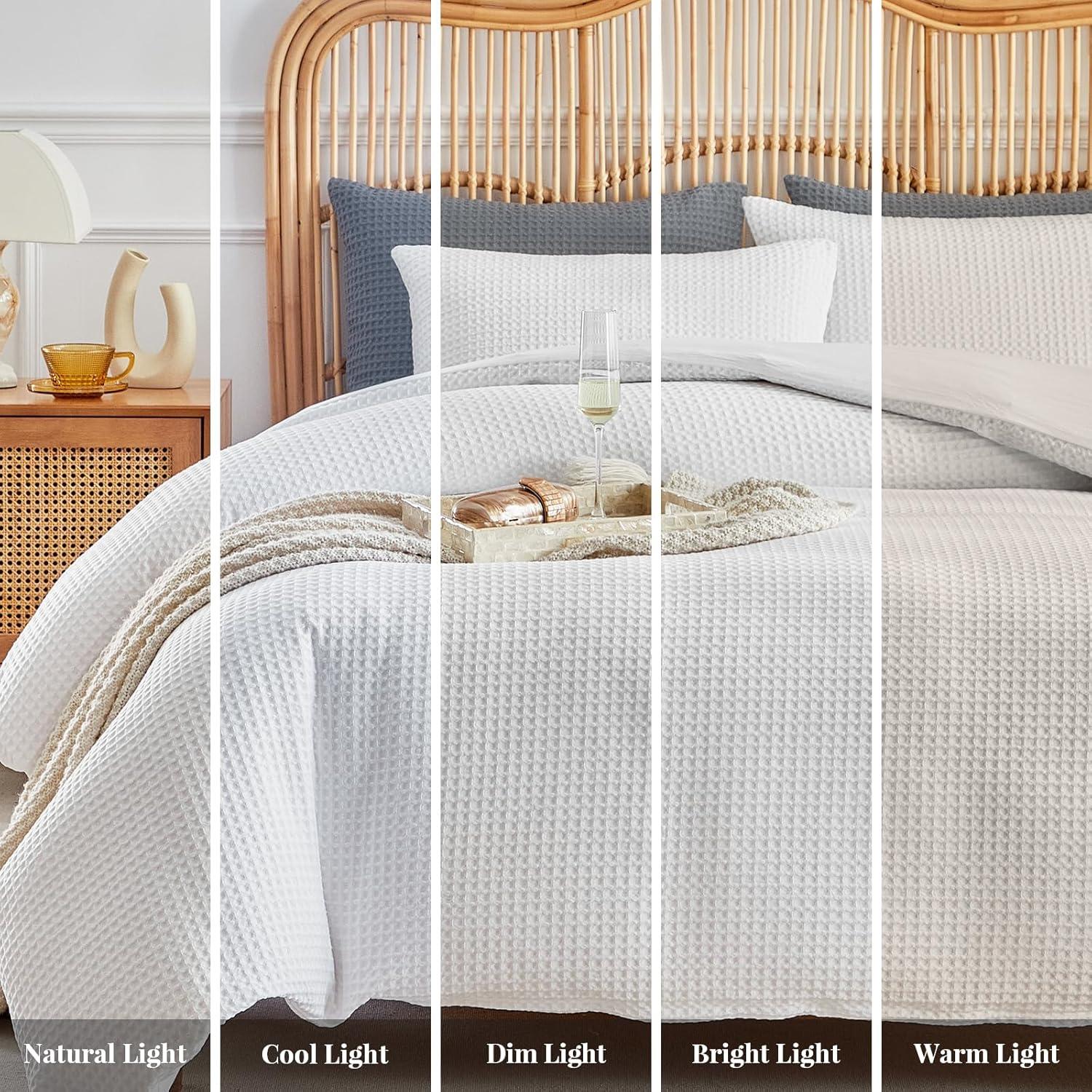 White Waffle Weave Queen Duvet Cover Set with Pillowcases