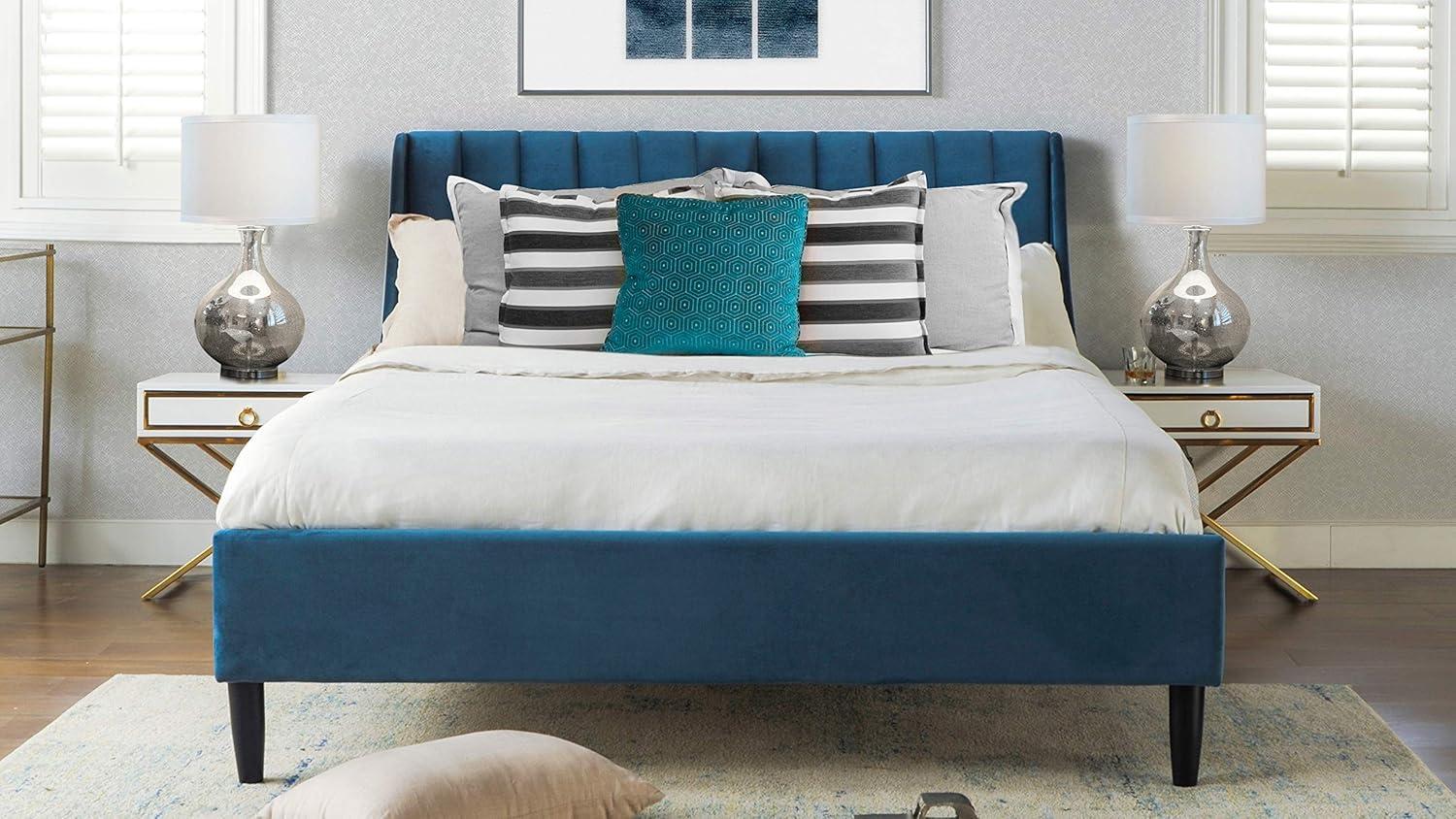 Sandy Wilson Home Aspen Tufted Headboard Platform Bed Queen Satin Teal Velvet