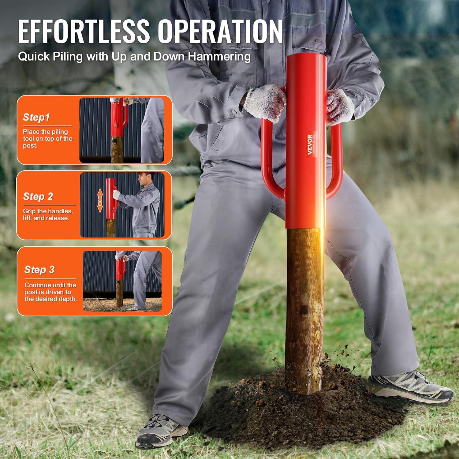 VEVOR Fence Post Driver with Handles, 4.11 in Inner Diameter T Post Pole Pounder, 22LB Heavy Duty Carbon Steel Hand Post Rammer, Farm Fencing Hole Digger for U Channel, Sign Pole, Wooden Post, Red