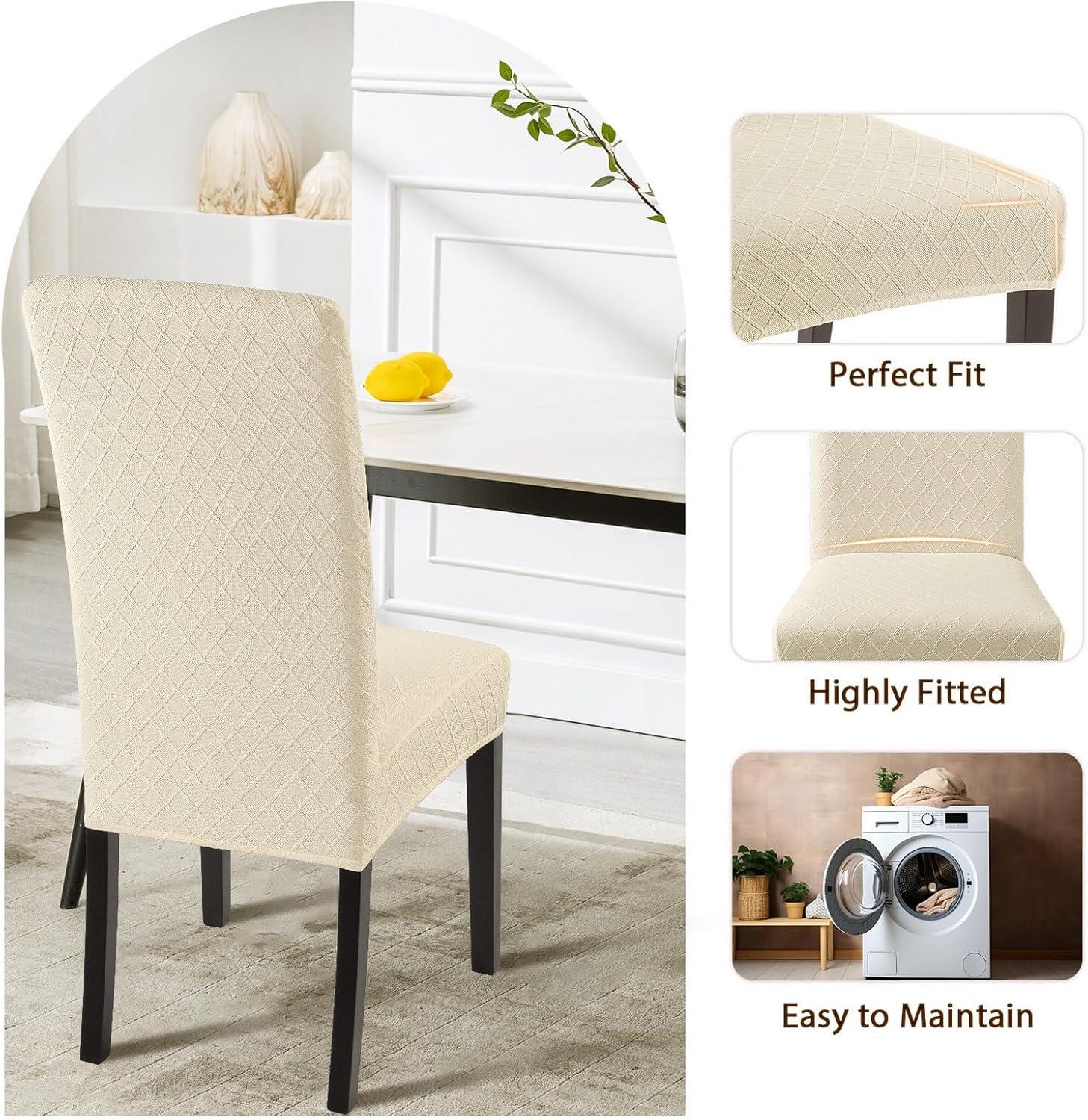 Beige Stretch Jacquard Dining Chair Covers, Set of 4