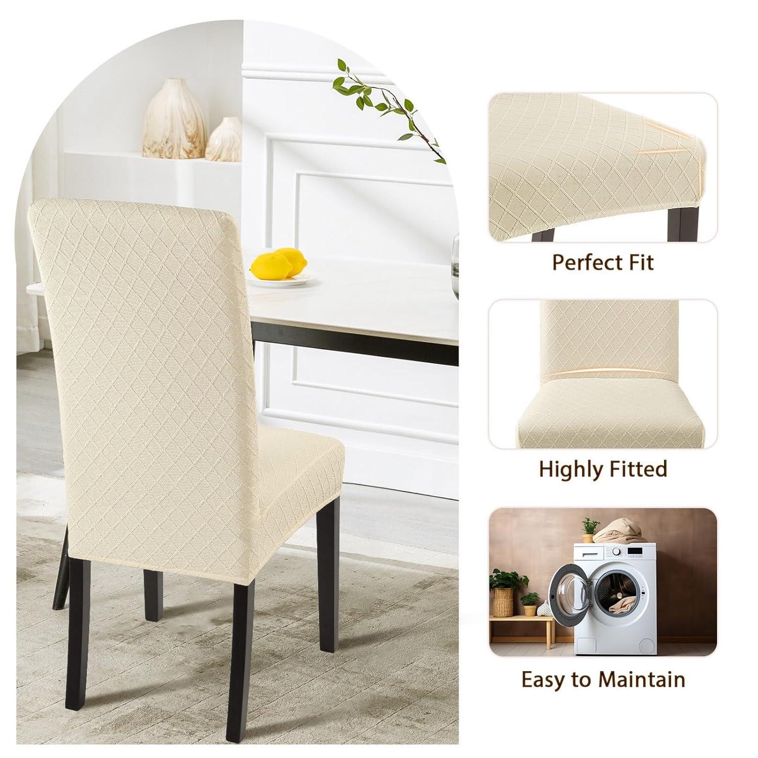 Beige Stretch Jacquard Dining Chair Covers, Set of 4