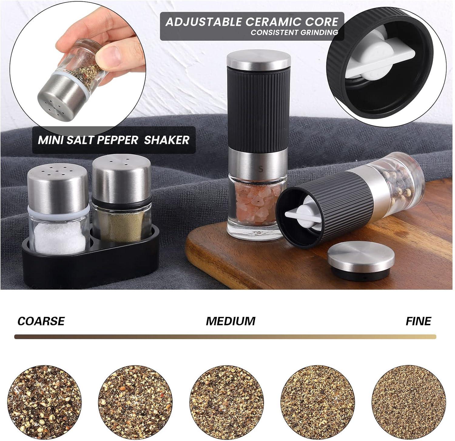 VEVOK CHEF Mini Salt and Pepper Grinder set with 2 Small Salt and Pepper Shakers Portable Cute Tiny Spice Grinder Pepper Mill Salt Grinder for Travel, Work, Camping, Party, School, Lunch Box