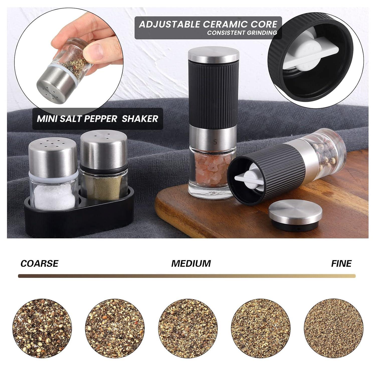 VEVOK CHEF Mini Salt and Pepper Grinder set with 2 Small Salt and Pepper Shakers Portable Cute Tiny Spice Grinder Pepper Mill Salt Grinder for Travel, Work, Camping, Party, School, Lunch Box