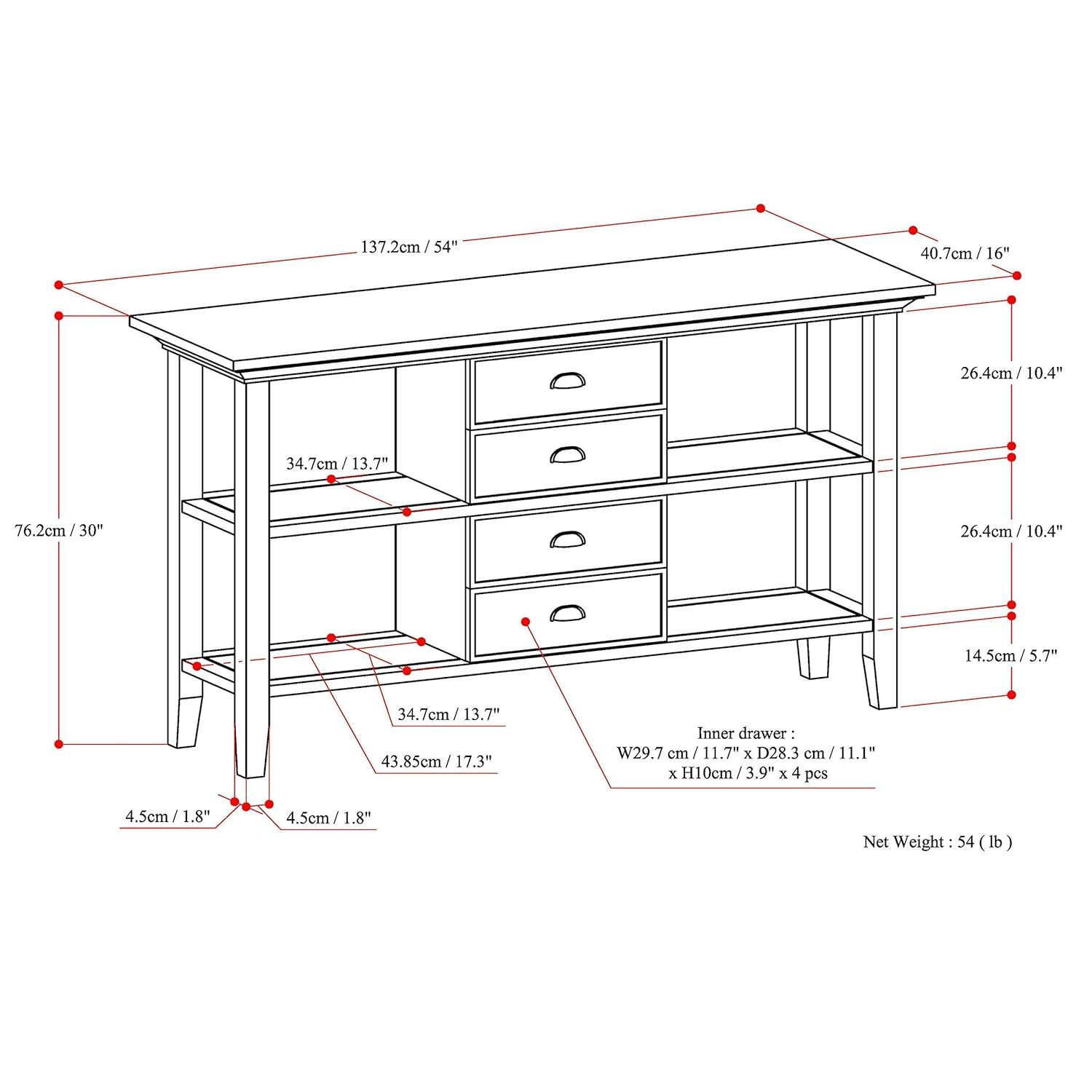 Simpli Home Redmond 54"W Solid Wood Storage Console Table with 4 Center Drawers and Open Shelves