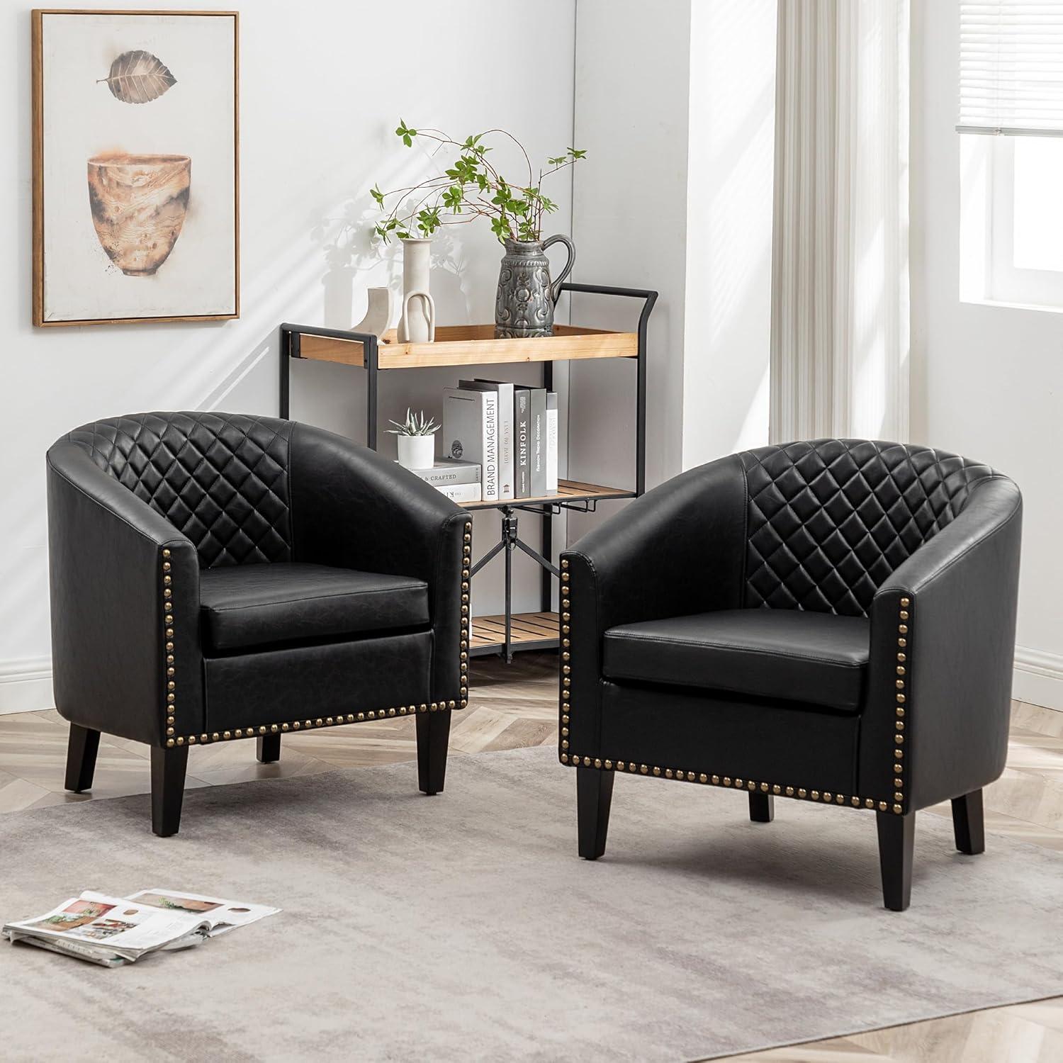 Black Faux Leather Barrel Chairs with Nailhead Trim, Set of 2