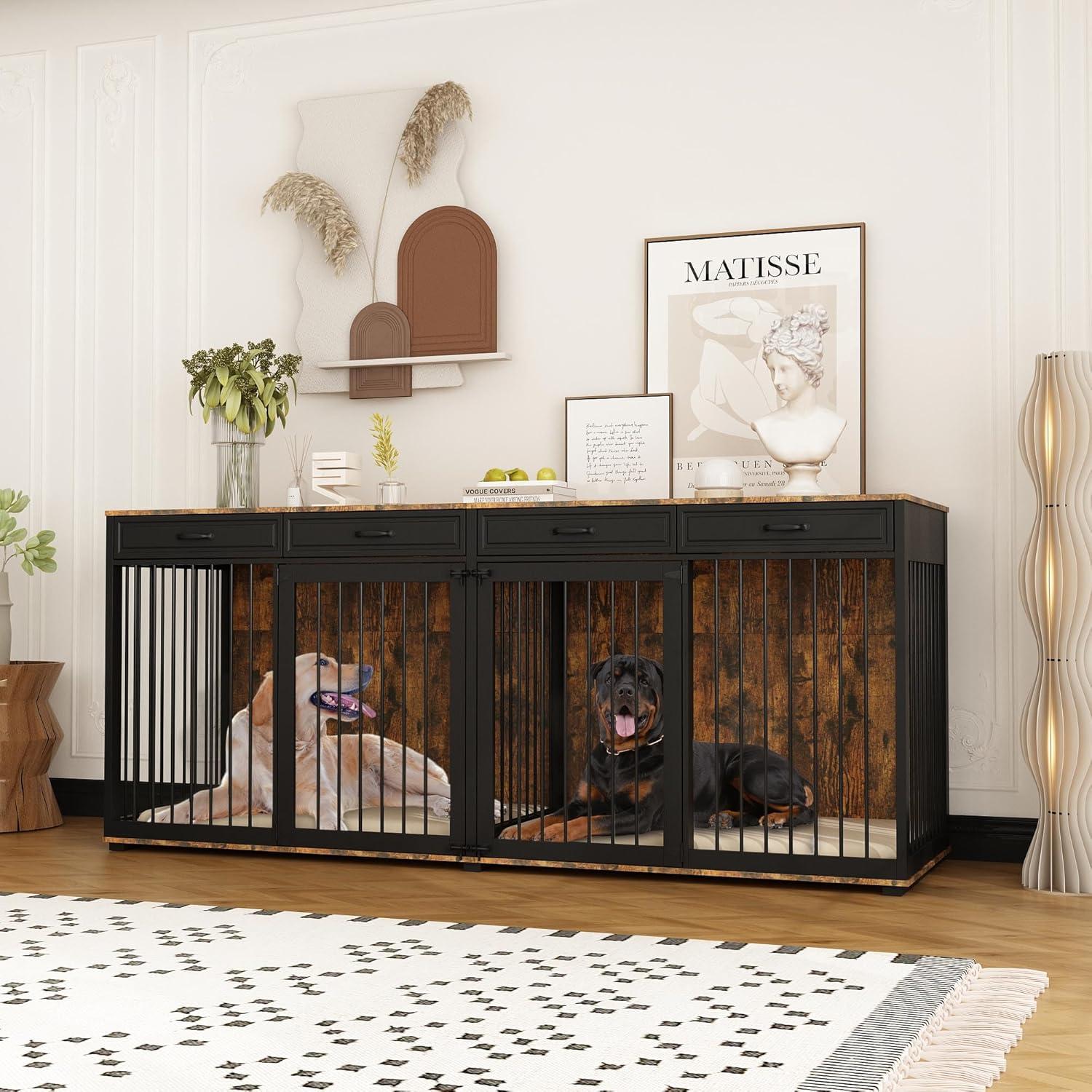 Famapy Spacious Large Double Dog Cage Furniture with Multiple Drawers Black
