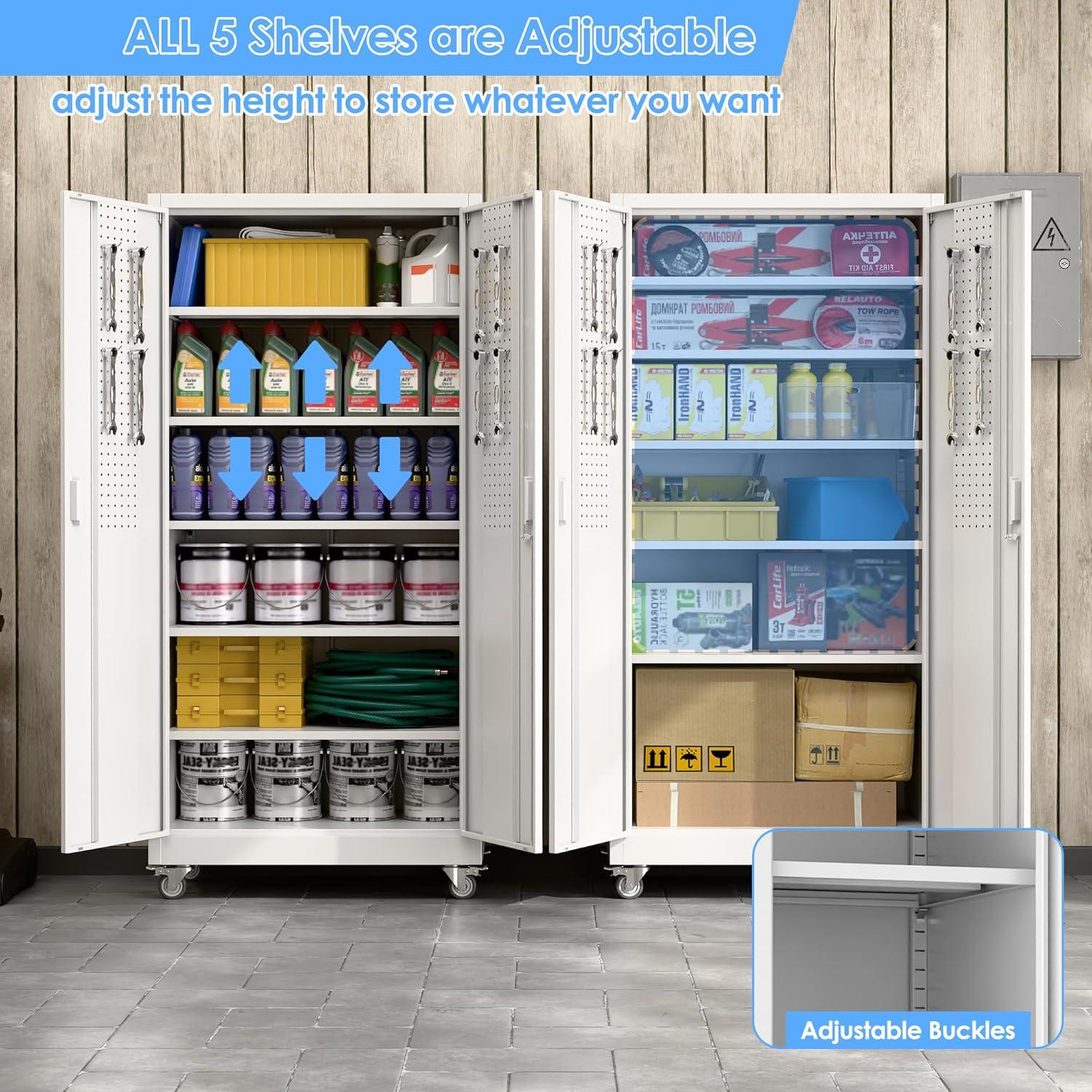 AOBABO 72 Inch Locking Metal Garage Home Office Storage Cabinet with Universal Rubber Wheels/Lockable Casters and Magnetic Doors, White