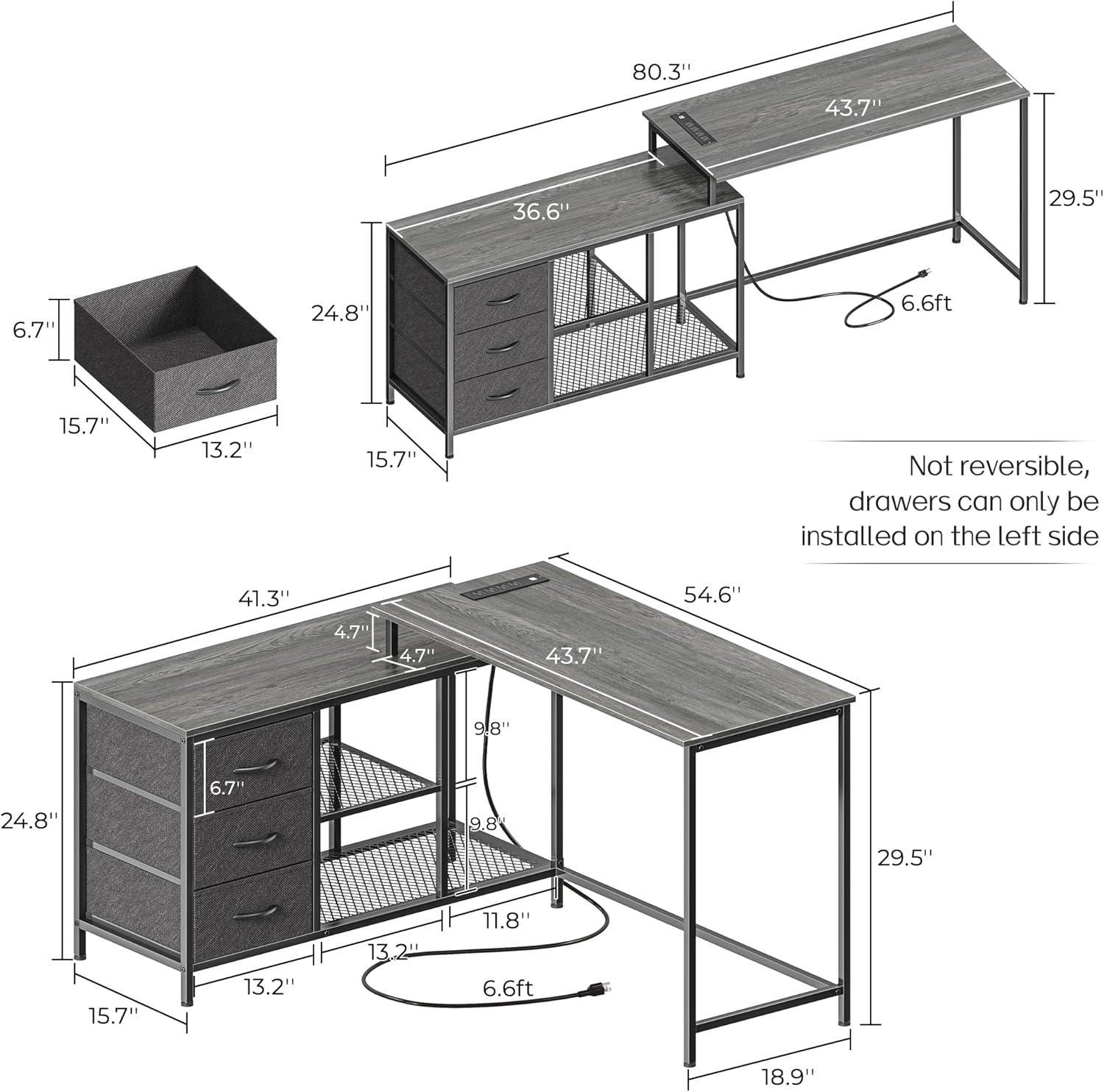 Gray L-Shaped Computer Desk with Drawers and Power Outlets