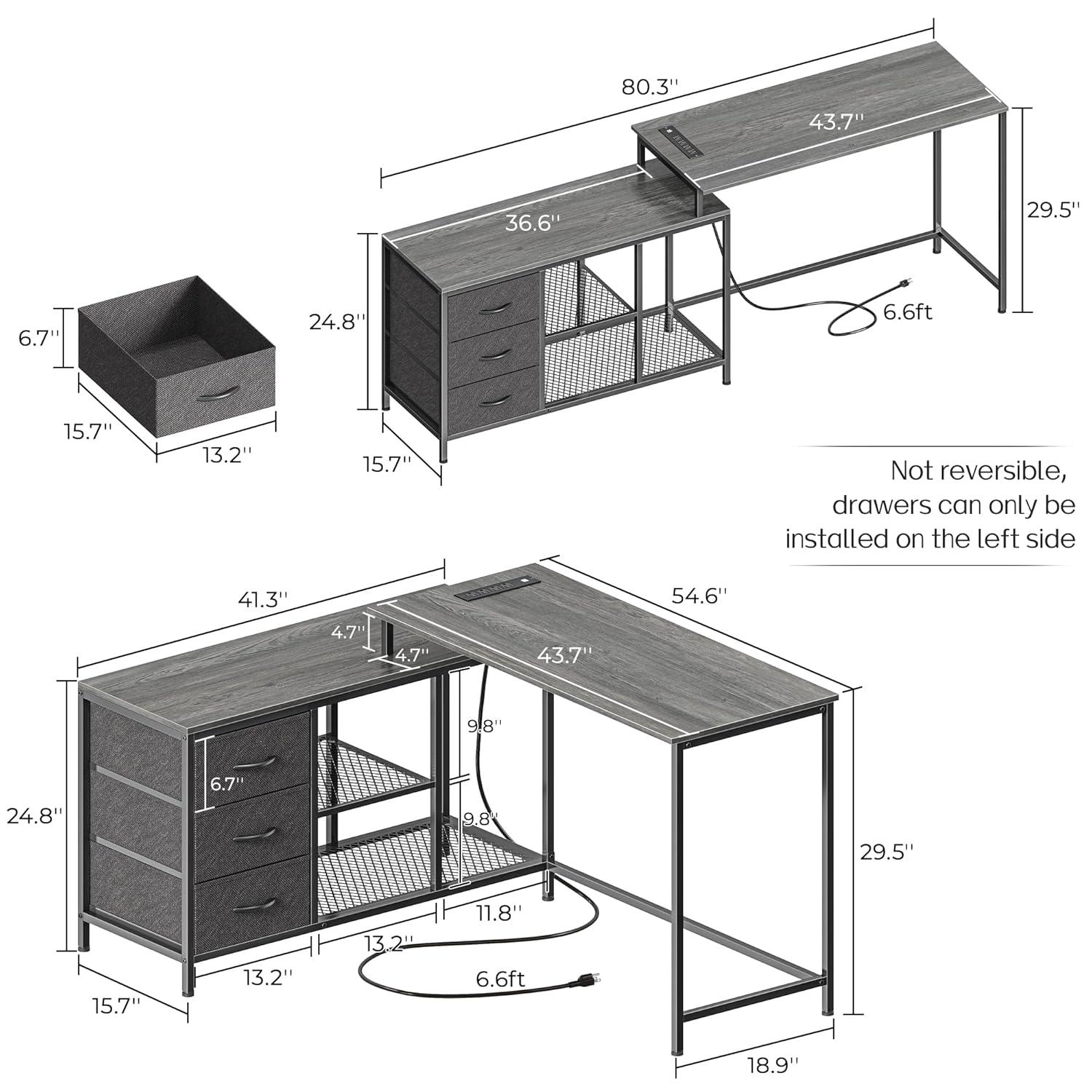 SUPERJARE L Shaped Desk with Power Outlets, Computer Desk with Drawers & Shelves, Corner Desk Gaming Desk Home Office Desk, Gray