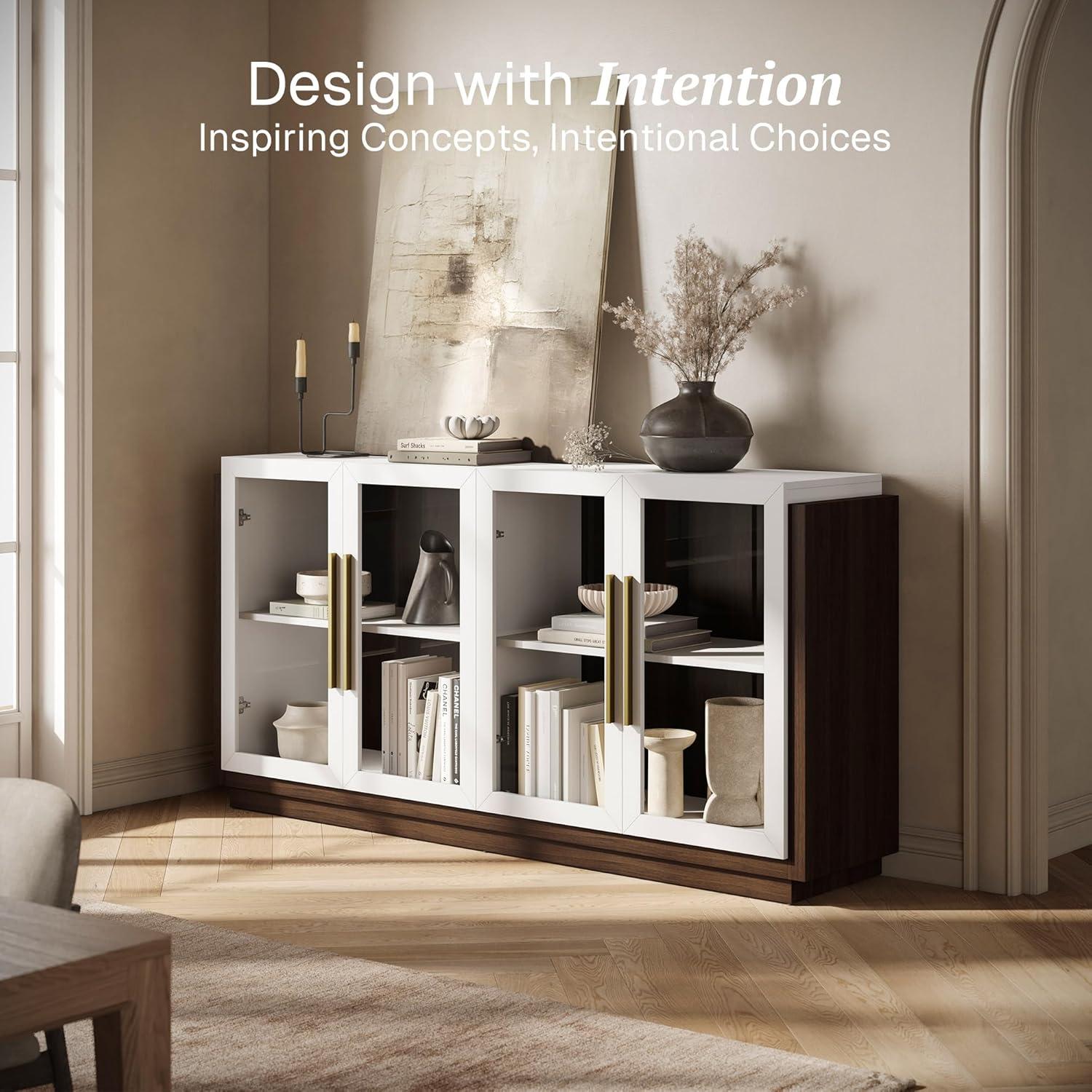 BELLEZE Sideboard Buffet Cabinet, Modern Wood Glass-Buffet-Sideboard with Storage, Console Table for Kitchen, Dinning Room, Living Room, Hallway, or Entrance - Brixston (White)