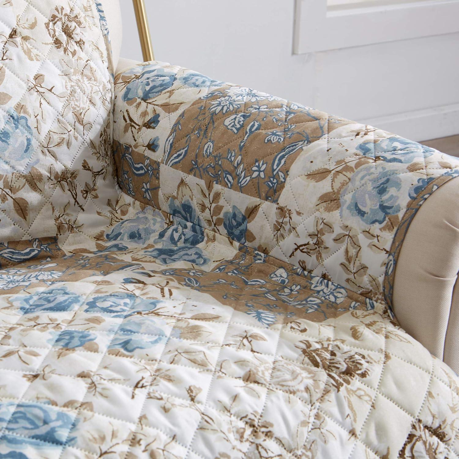 Taupe and Blue Reversible Floral Patchwork Sofa Protector