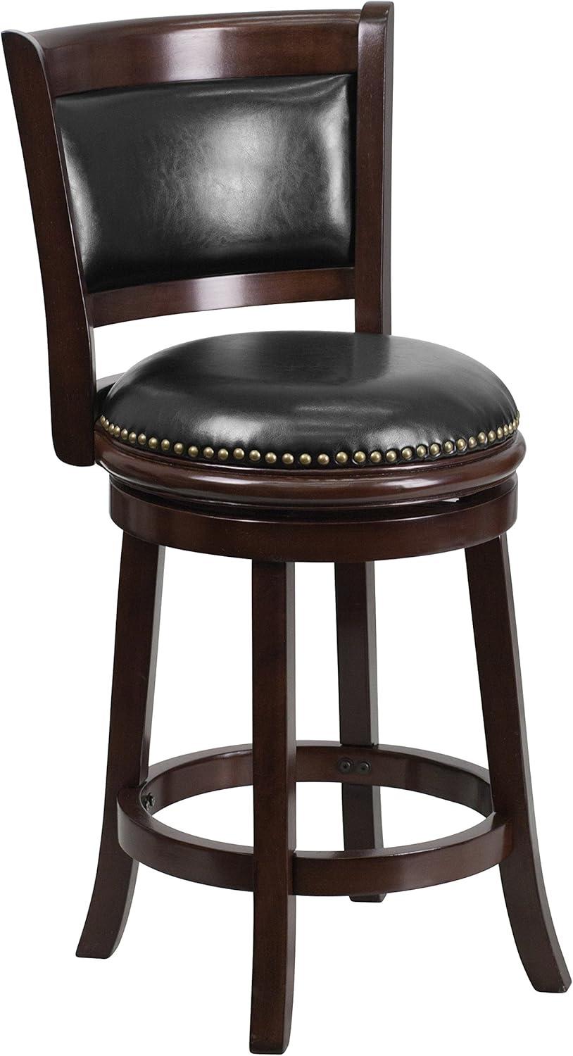 Flash Furniture 24'' High Cappuccino Wood Counter Height Stool with Panel Back and Black LeatherSoft Swivel Seat