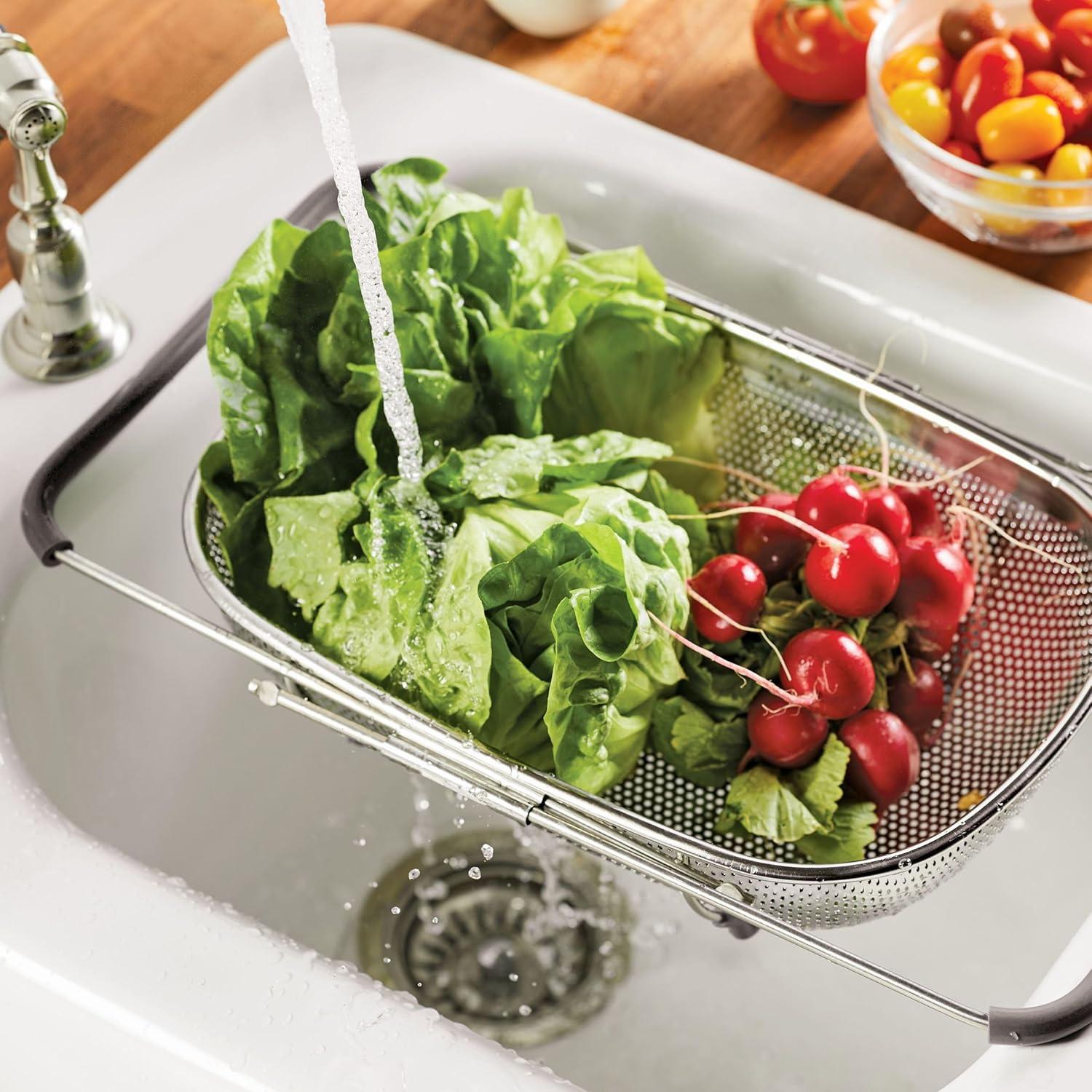 Stainless Steel Over-The-Sink Colander with Gray Handles