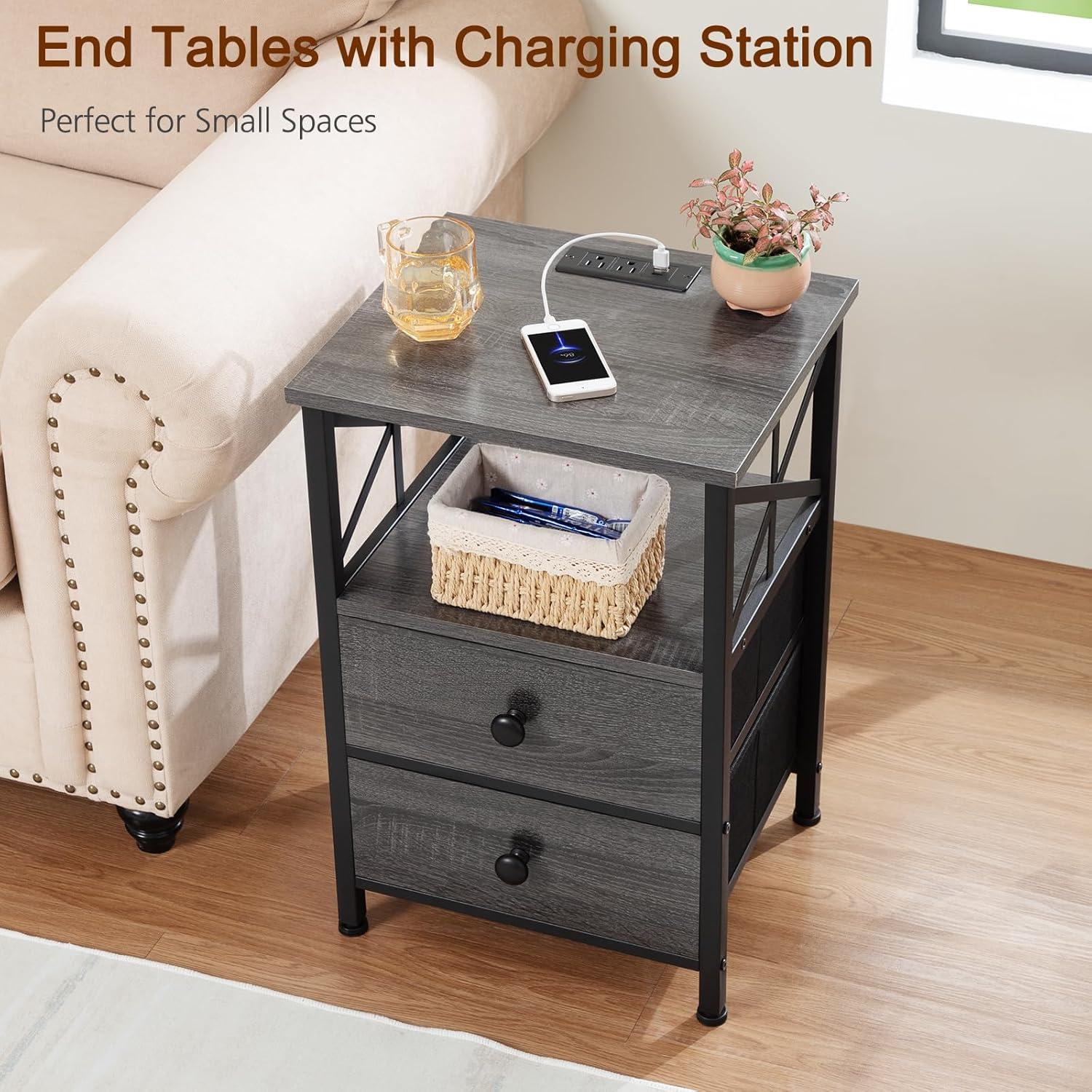 Dark Gray Metal Frame Nightstand Set with Charging Station