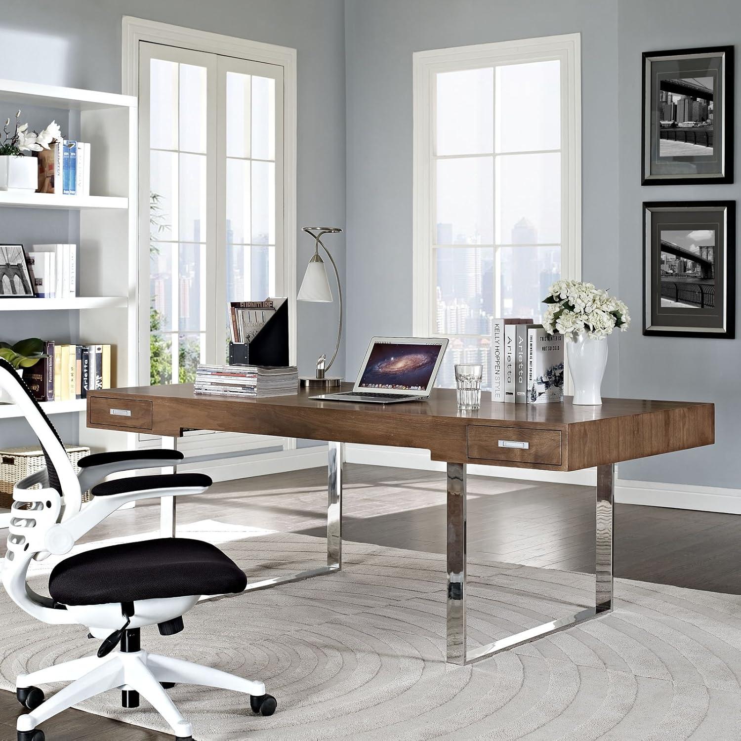 Modway Tinker Modern Stainless Steel & Wood Office Desk in Walnut
