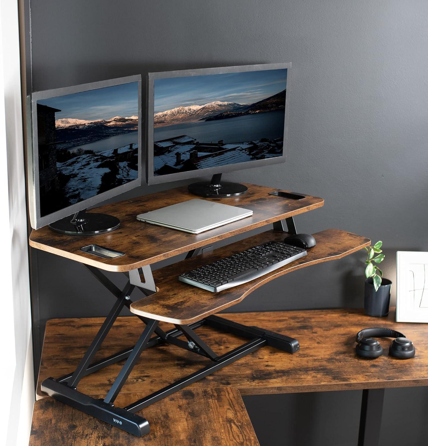 VIVO Corner 38" Desktop Sit-Stand Monitor Riser, Rustic Vintage Brown Top, Black Frame