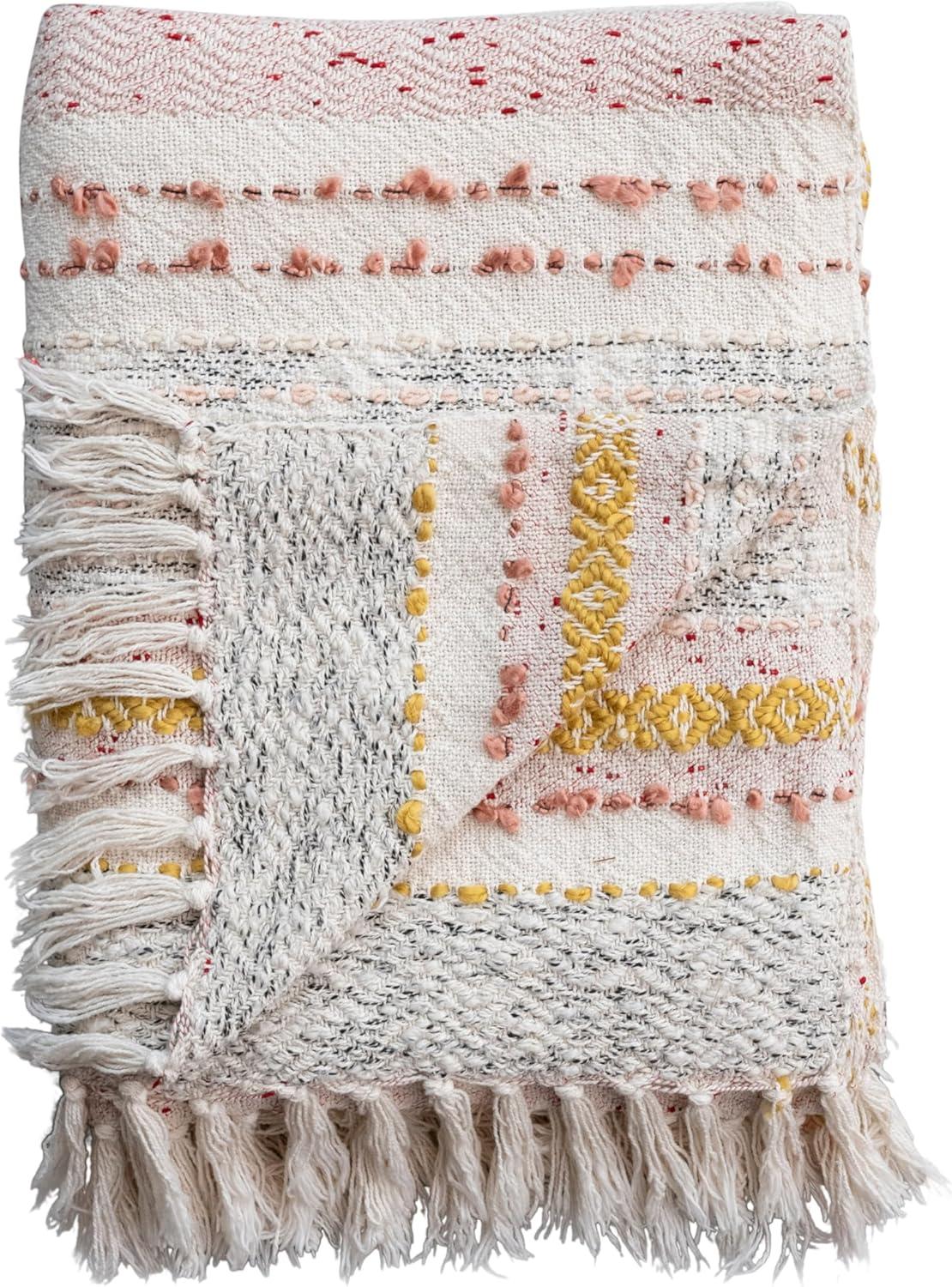 Multicolor Woven Cotton Striped and Embroidered Throw Blanket with Fringe