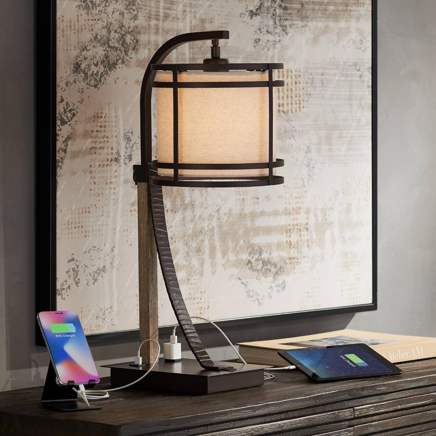 Franklin Iron Works Gentry Industrial Desk Lamp 22" High Oil Rubbed Bronze Faux Wood Cage with USB and AC Power Outlet in Base Oatmeal Shade for Desk