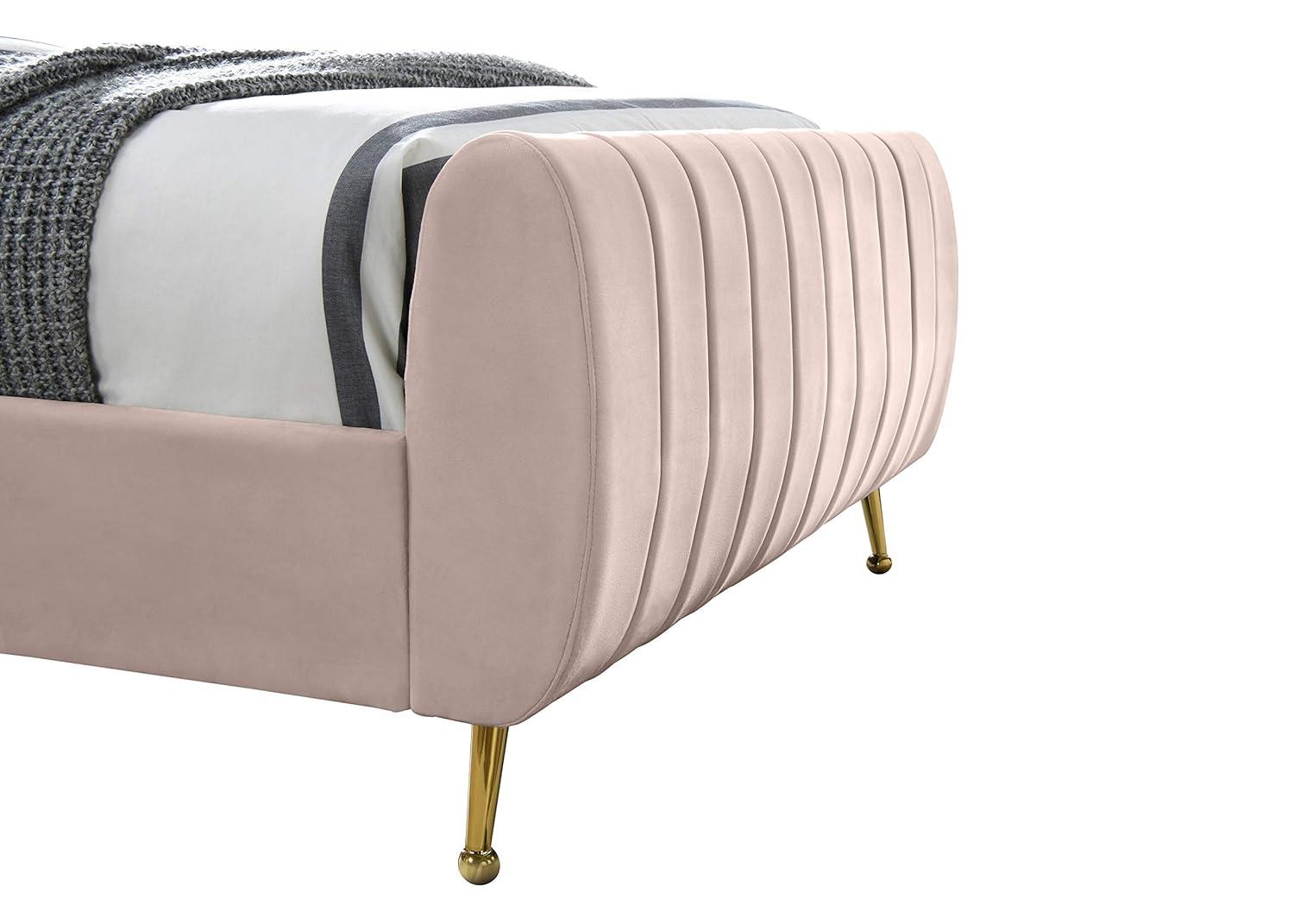Meridian Furniture Zara Contemporary Queen Bed with Gold Legs and Slats, Pink Velvet