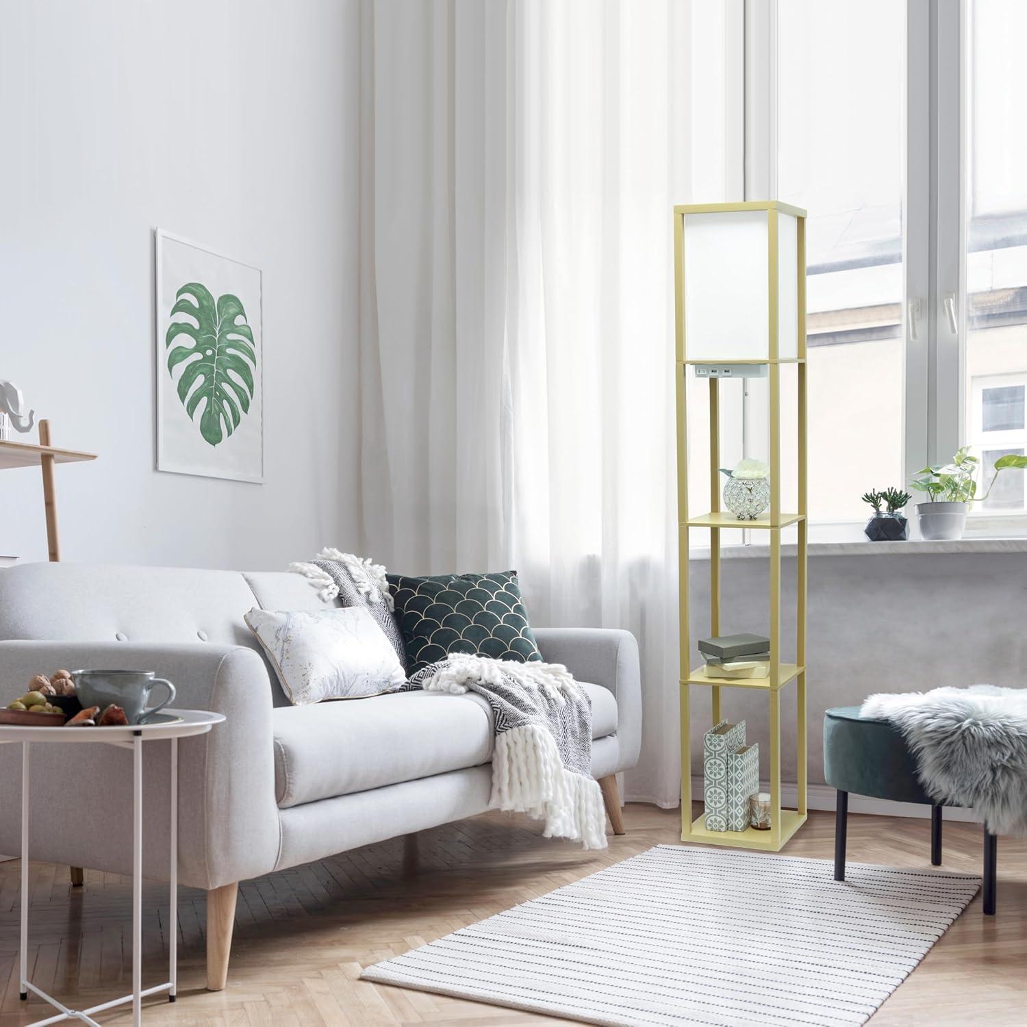 Tan Wood Floor Lamp with Shelves and Linen Shade