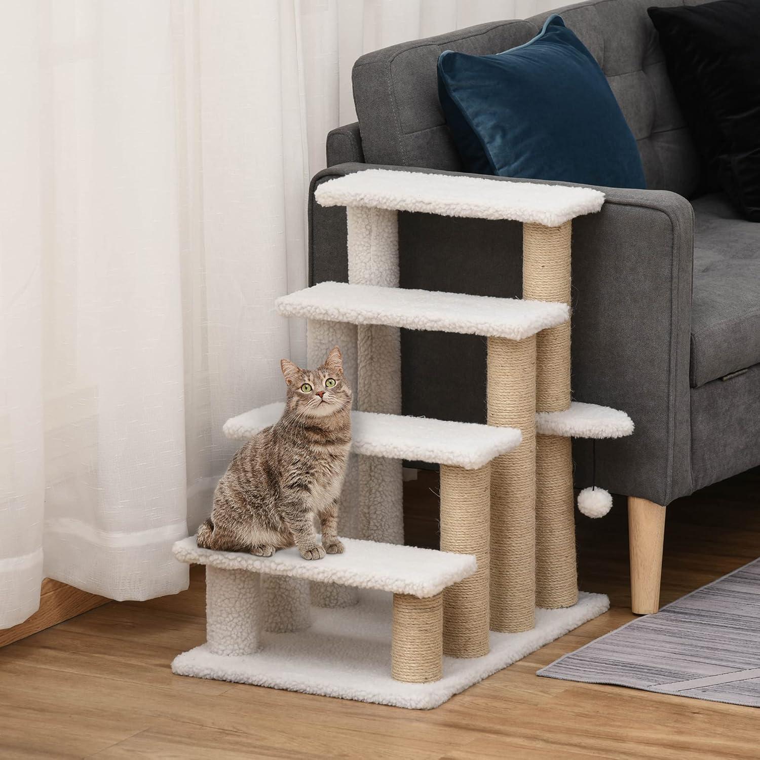 ZHI-22 4 Levels Cat Steps, Pet Stairs Carpeted Ladder, Kitten Tree Climber with Scratching Posts, Hanging Play , Side Step, for High Bed, Sofa, White