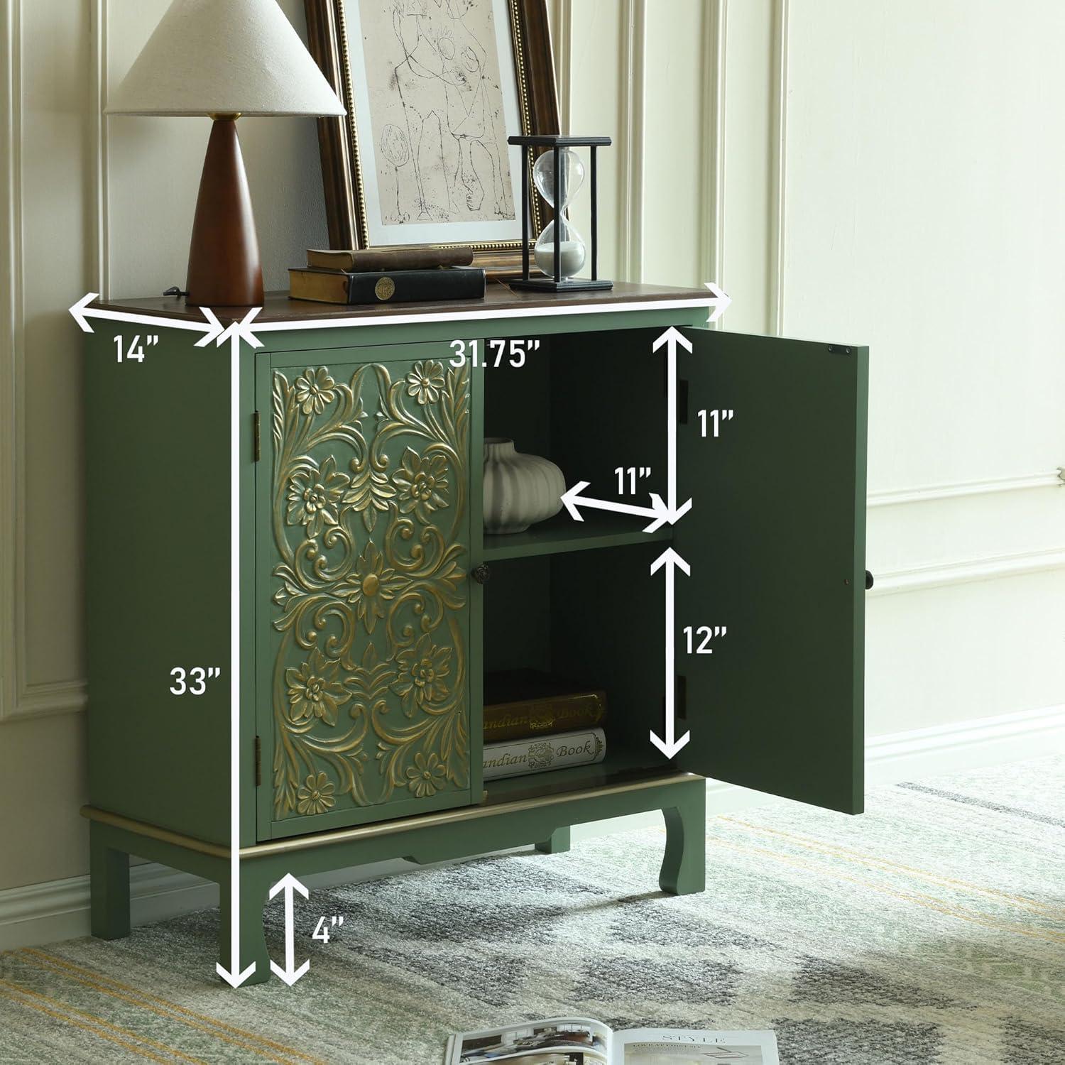 Sage Green and Gold Embossed Two-Door Accent Cabinet