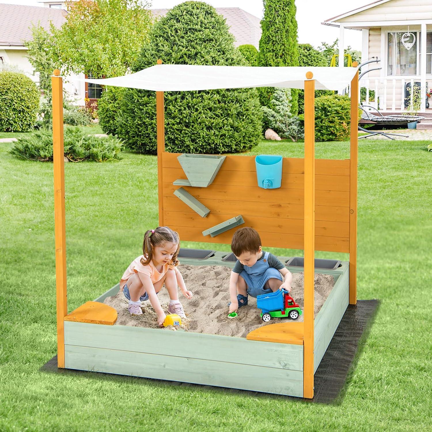 CIPACHO Kids Sandbox with Sand Wall w/ Removable Canopy for Kids 3-8, Kids Wooden Sandbox with Cover for Backyard Garden, Kids Outdoor Play Equipment