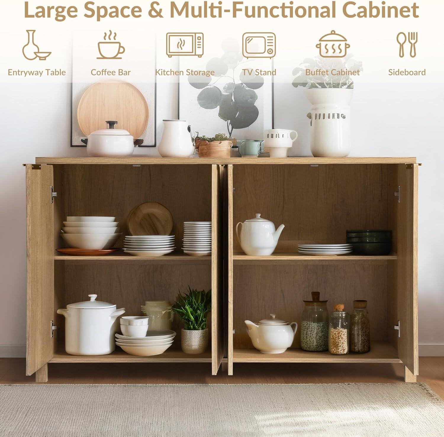 Ebern Designs Fluted Buffet Sideboard Cabinet with Storage, Modern Wave Fluted Buffet Credenza with Adjustable Shelves, 4 Door Accent Bar Cabinets Console Table