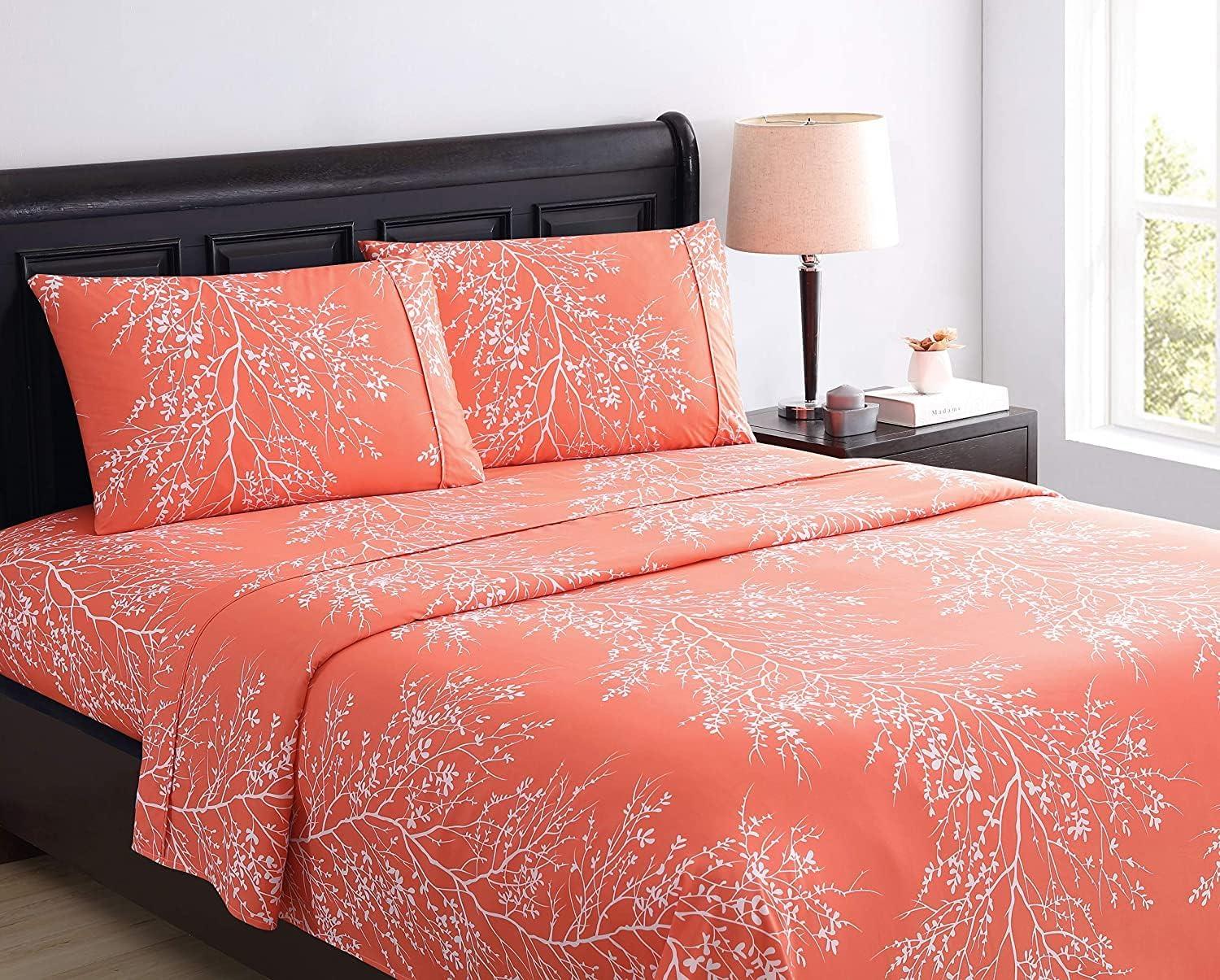 Coral and White Floral Queen Microfiber Sheet Set