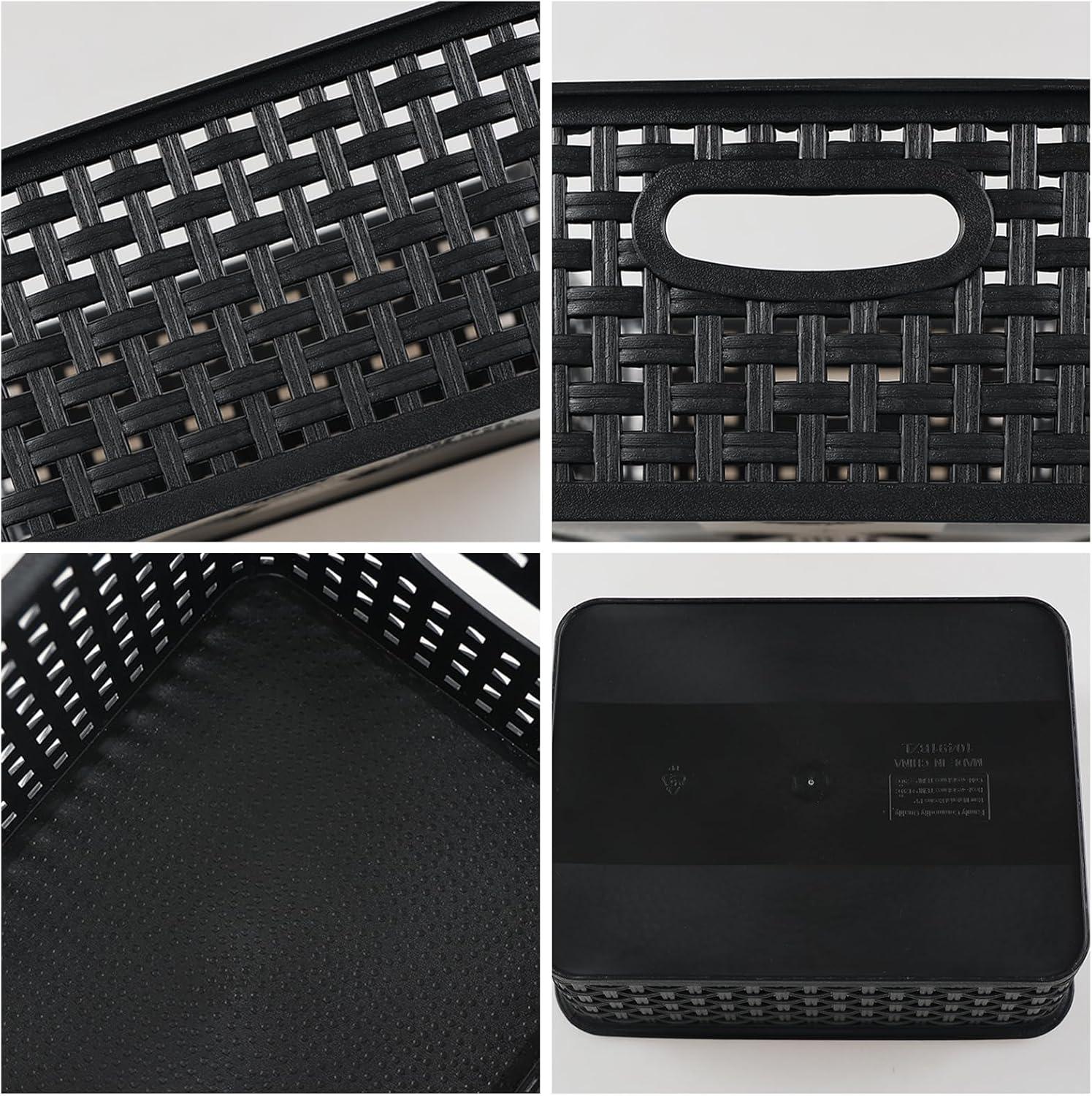 Black Rectangular Plastic Woven Storage Baskets, Set of 6