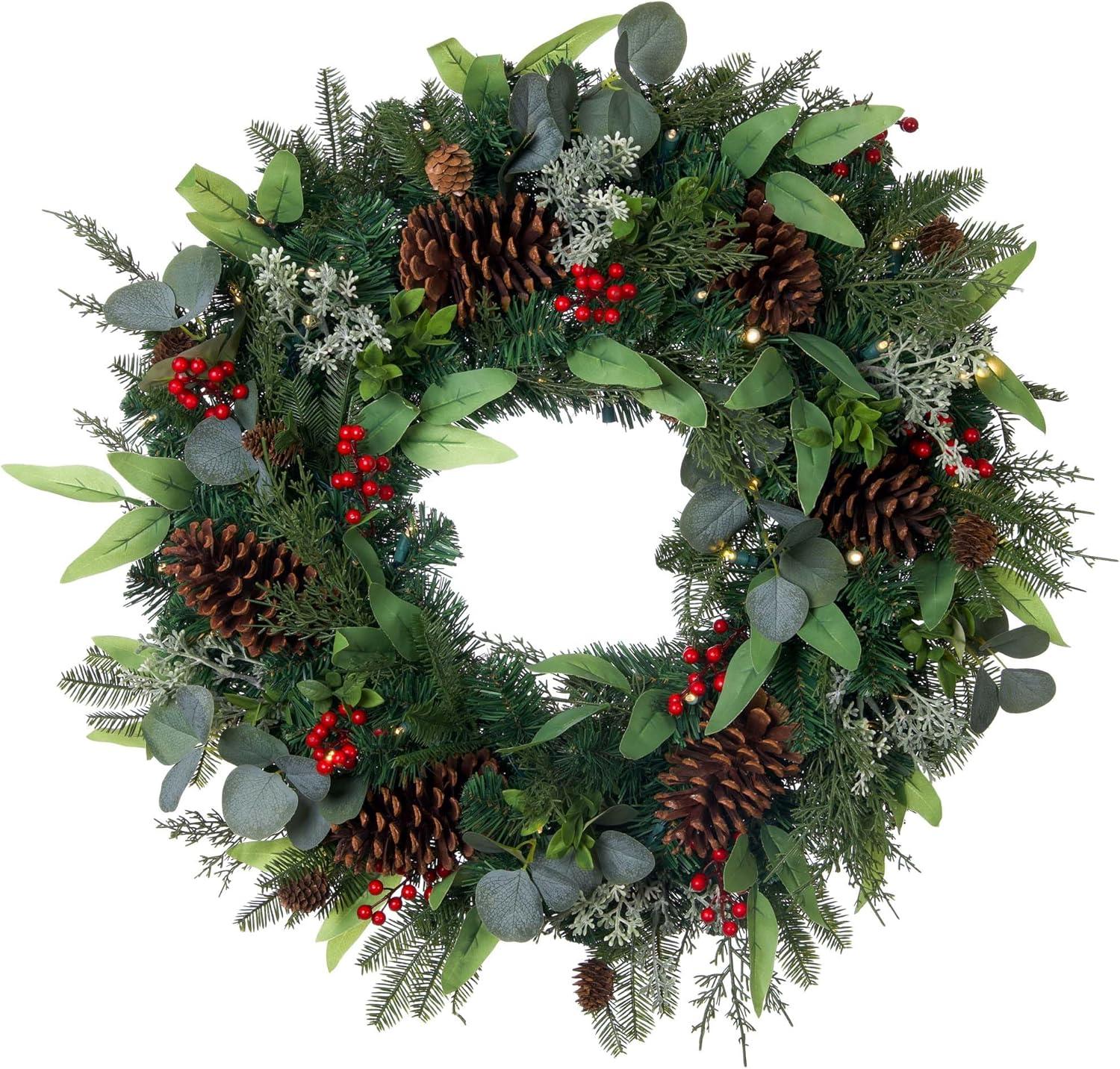 30 Inch Pre-Lit Pine Christmas Wreath with LED Lights