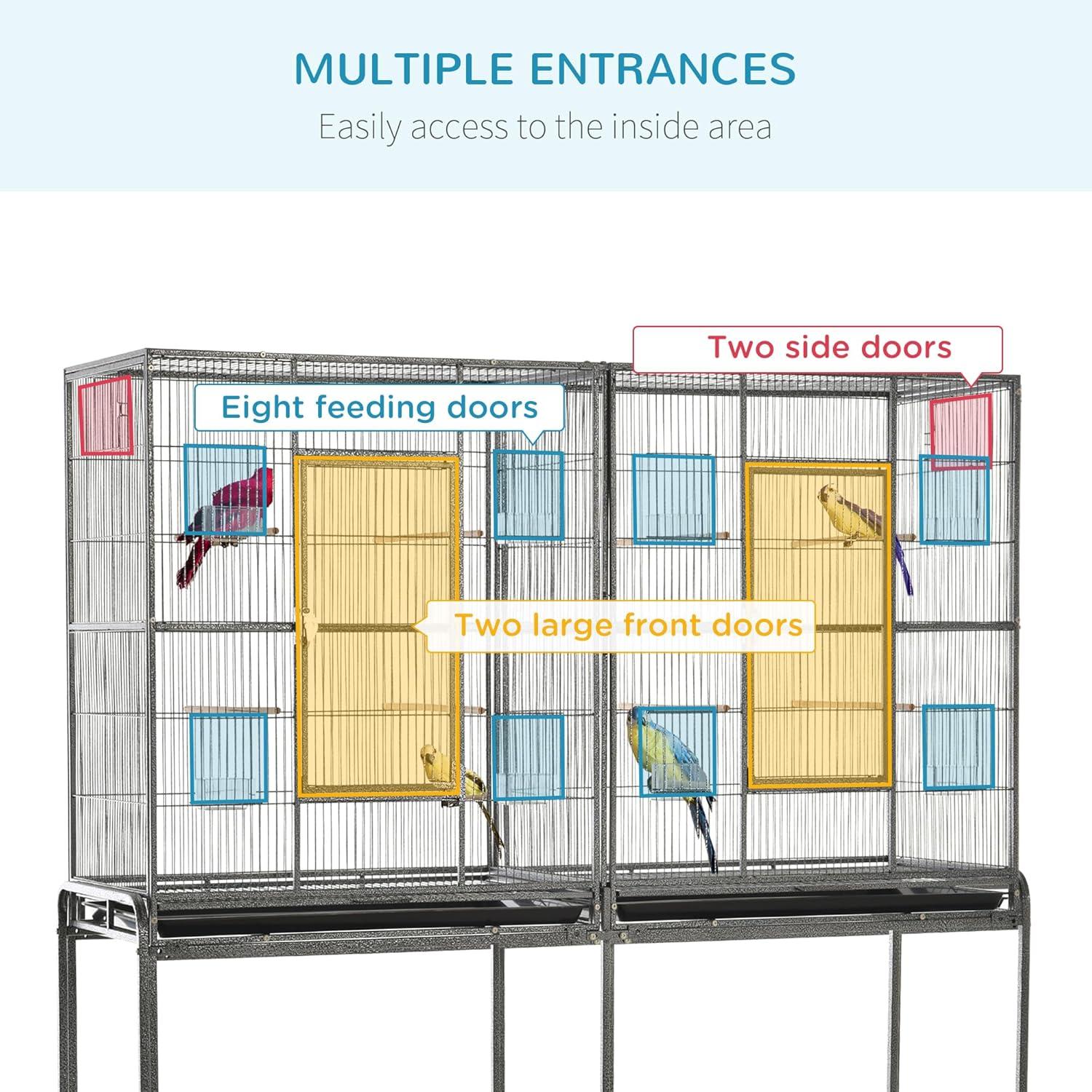 Pawhut 65" Double Rolling Metal Bird Cage Feeder With Detachable Rolling Stand, Storage Shelf, Wood Perch & Food Container