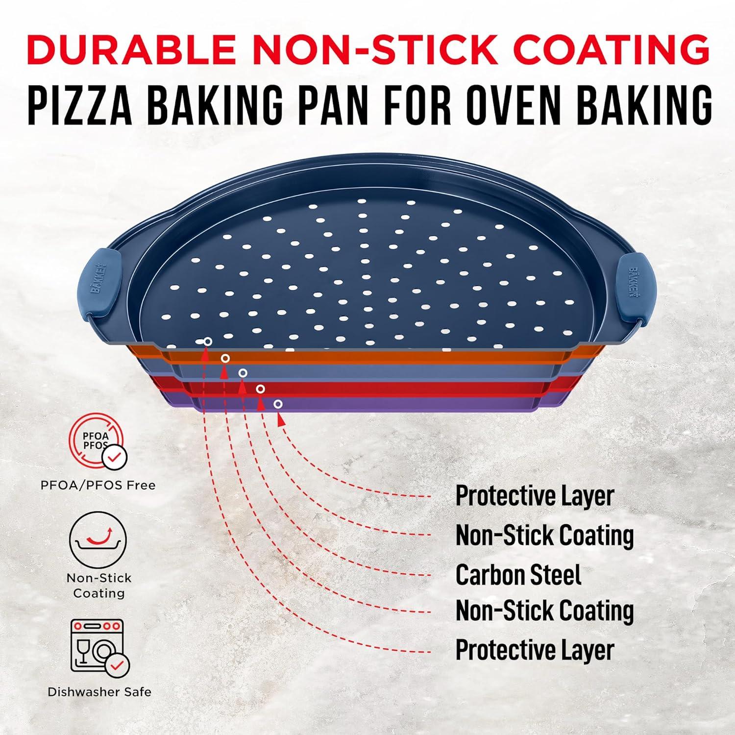 Bakken Pizza Baking Pan - Round Perforated Carbon Steel Pan with Non-Stick Marble Coating, Oversized Silicone Handle, Dishwasher Safe, High-Temperature Resistant, Durable & Easy Cleanup Blue, 1 Pack