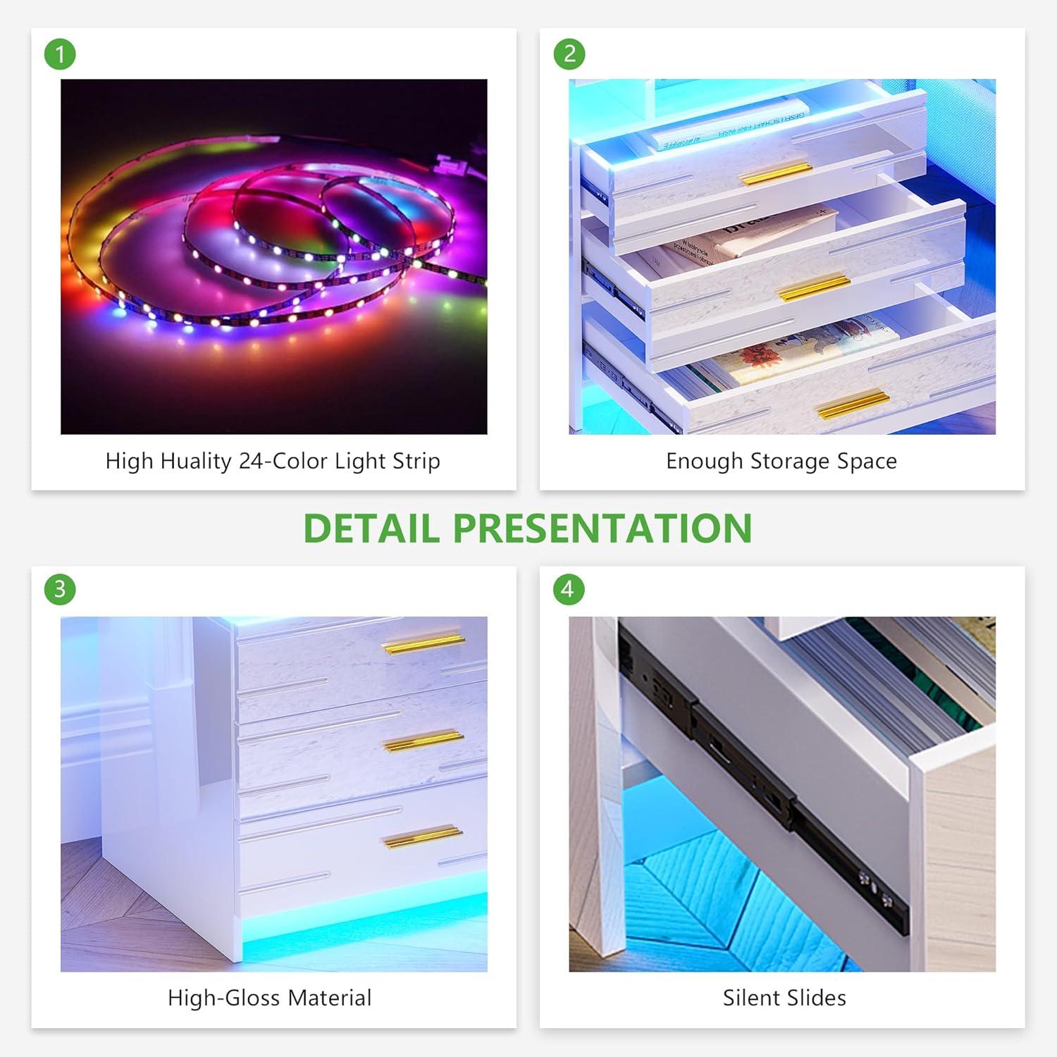 HNEBC Smart LED Nightstand with Wireless Charging & USB Ports, High Glossy Night Stand with 3 Drawers and 1 Pull-Out Tray, Modern Bedside Table with Human Sensor for Bedroom (White)