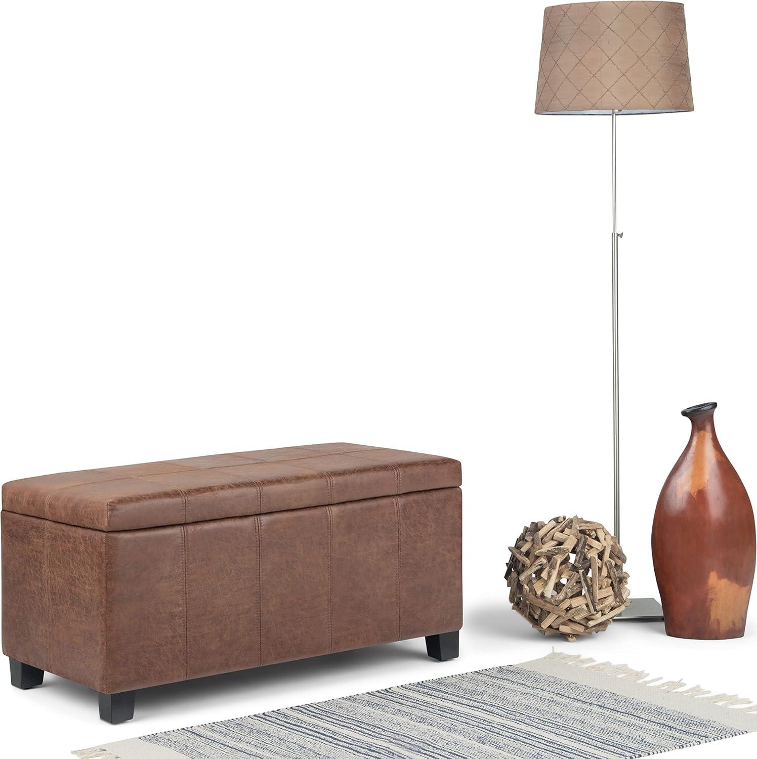 Simpli Home Dover Faux Leather Storage Ottoman Bench in Umber Brown