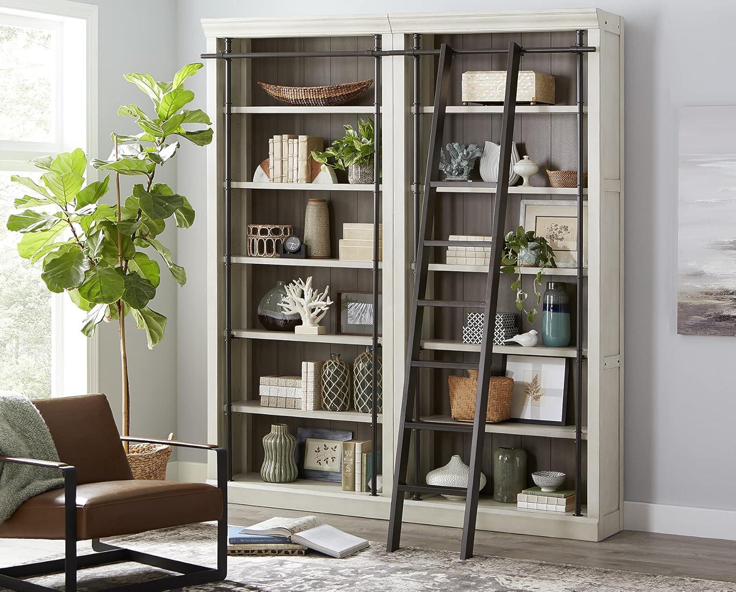 Traditional 8' Tall Wood Bookcase Wall With Ladder Aged Office Bookcases White