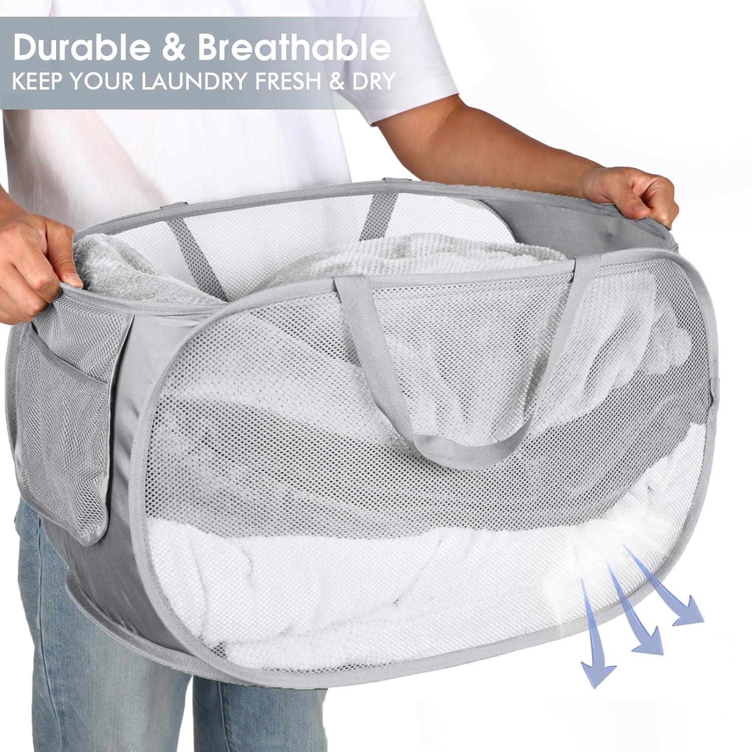 Durable Collapsible Laundry Baskets, Mesh Pop Up Laundry Hamper with Side Pocket, Foldable Clothes Storage Hamper with Reinforced Carry Handles for Laundry, Bathroom, Kids Room, Dorm or Travel Grey