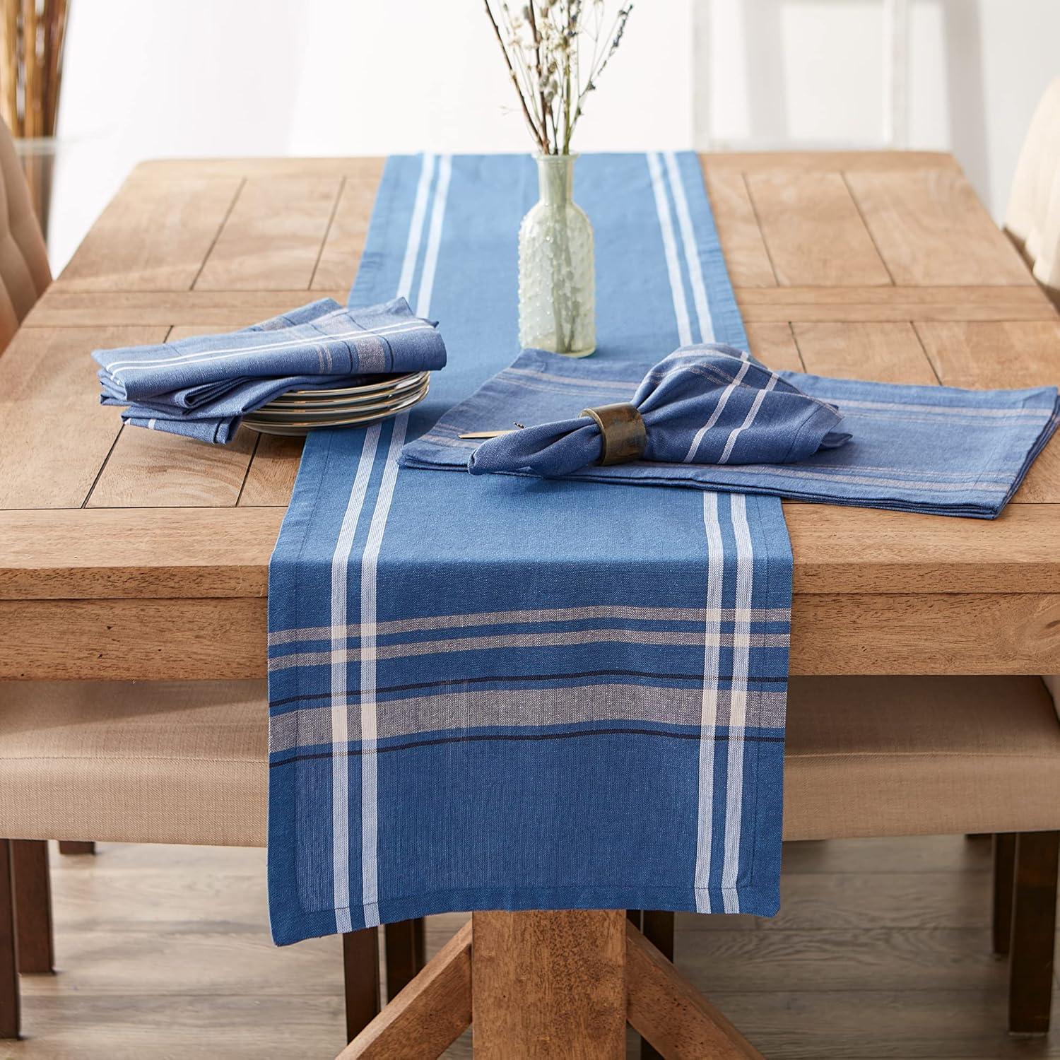 Chambray Blue Cotton French Stripe Table Runner 14" x 108"