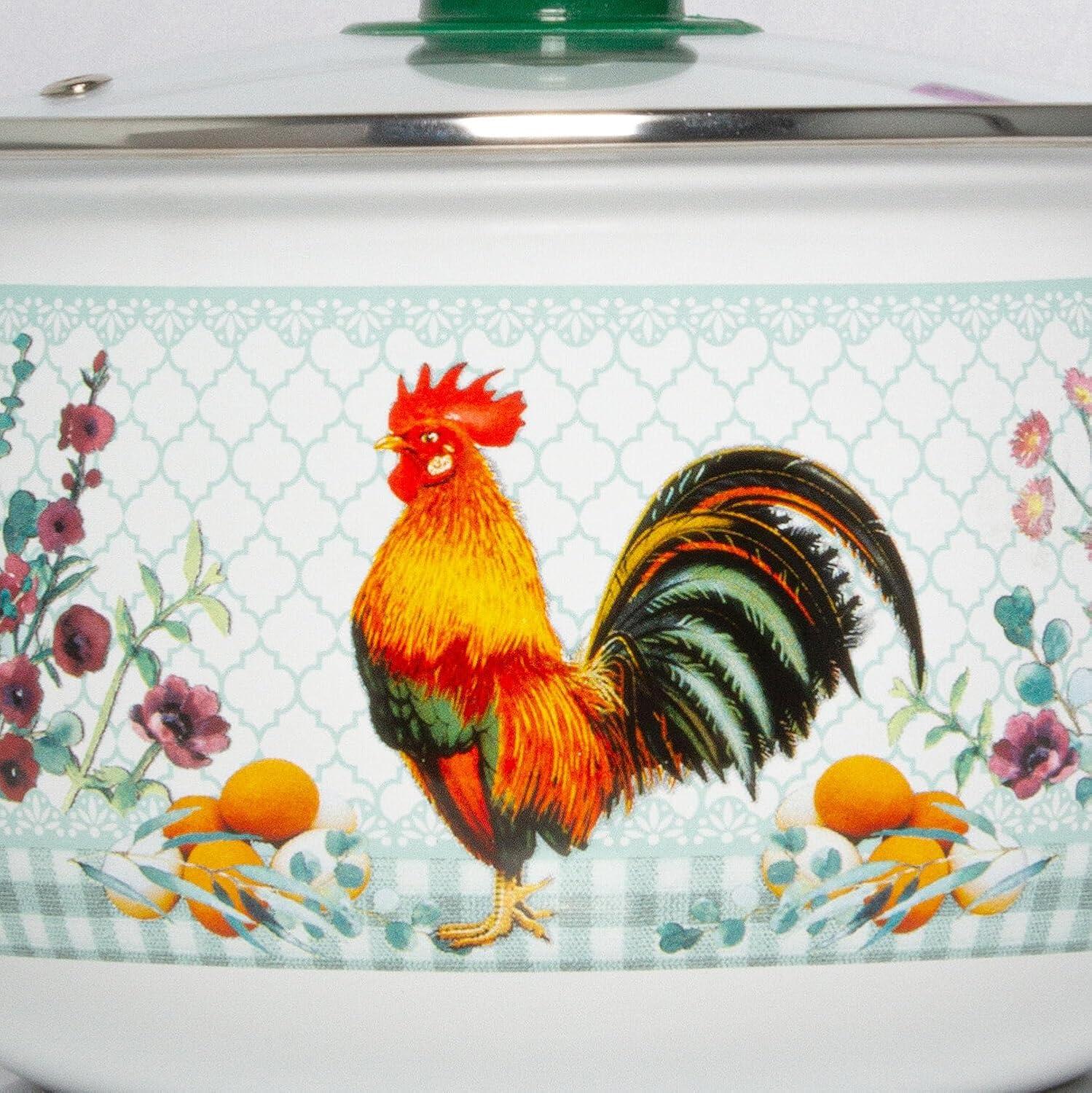 STP Goods Traditional Country Style Enamel Rooster Belly Deep Casserole With Glass Lid