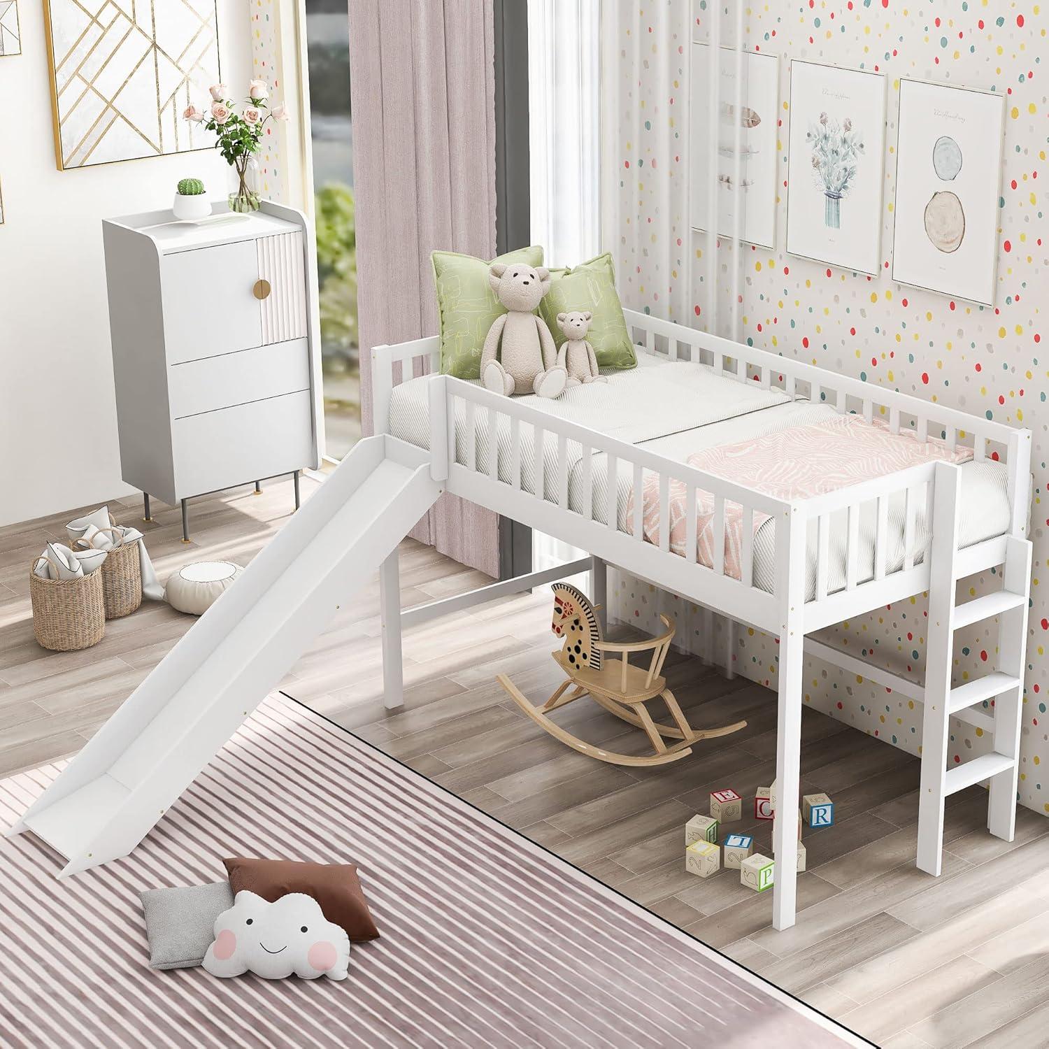 Twin Loft Bed with Slide,Wood Loft Bed Low Profile for Boys Girls, Built-in Ladder and Guard Rail,No Box Spring Needed