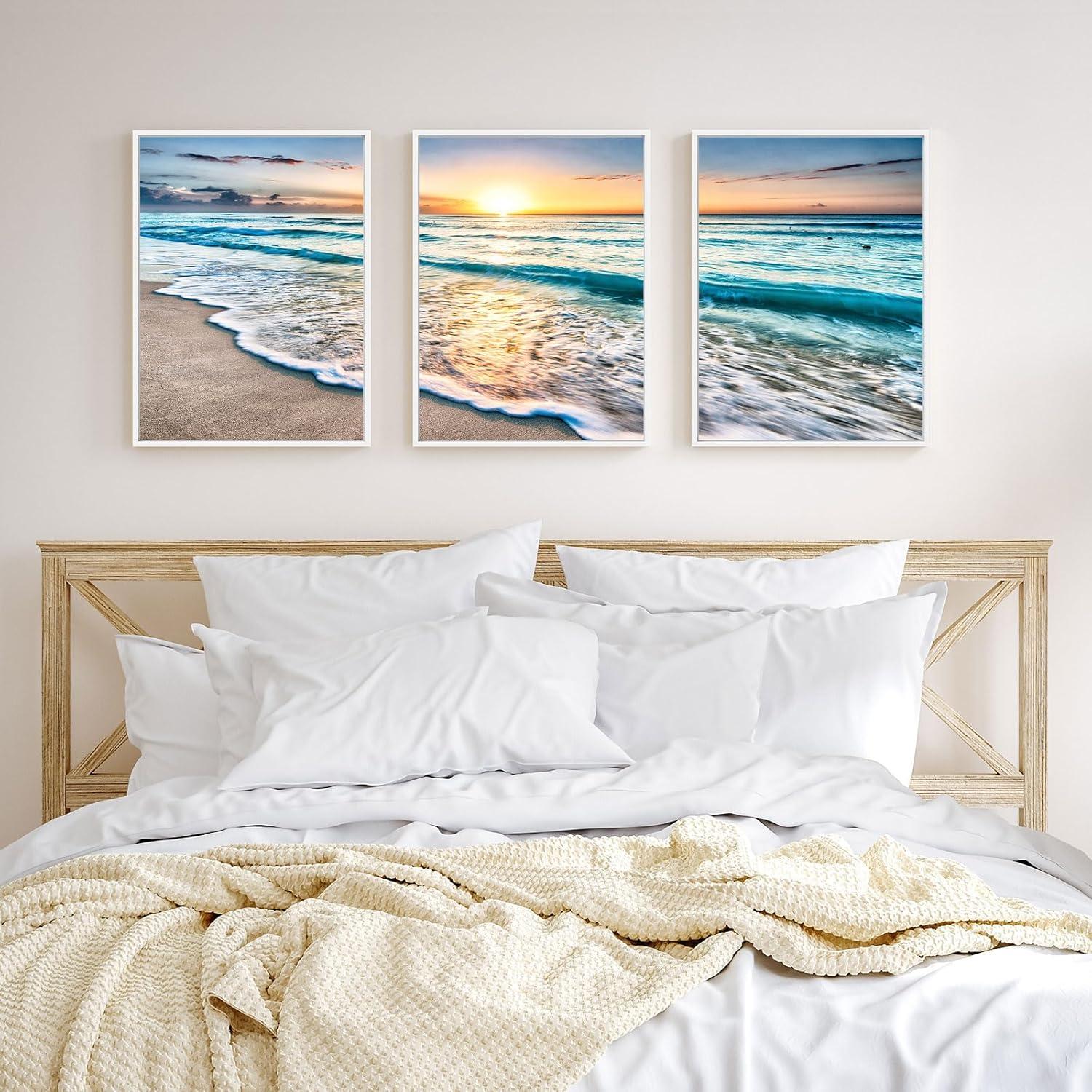 Asdg12s-3 Panel Wall Art Blue Sea Sunset White Beach Painting The Picture Print On Canvas Seascape The Pictures for Home Decor Decoration,Ready to Hang