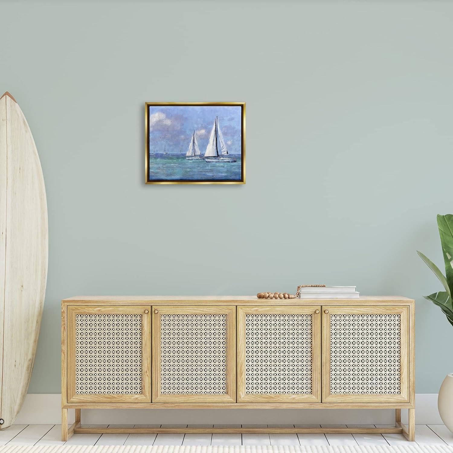Stupell Industries Sailboats Drifting Vivid Blue Sky Painting Metallic Gold Floating Framed Canvas Print Wall Art, Design by Nina Blue