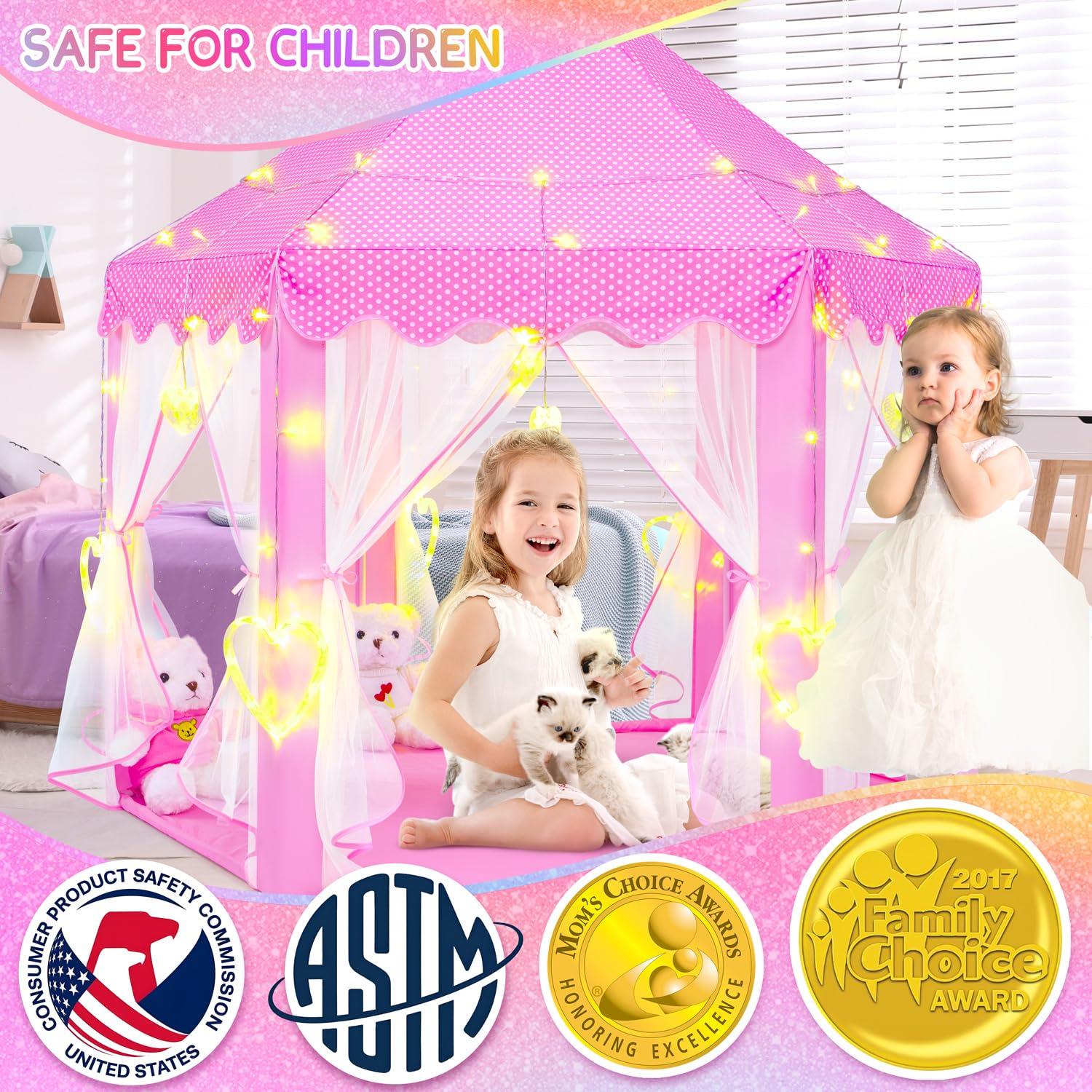 EVOIONOS Princess Tent for Girls, Kids Play Tent with LED Star Lights, Castle Playhouse for Children Indoor Outdoor Games, 55X53 inches, Pink