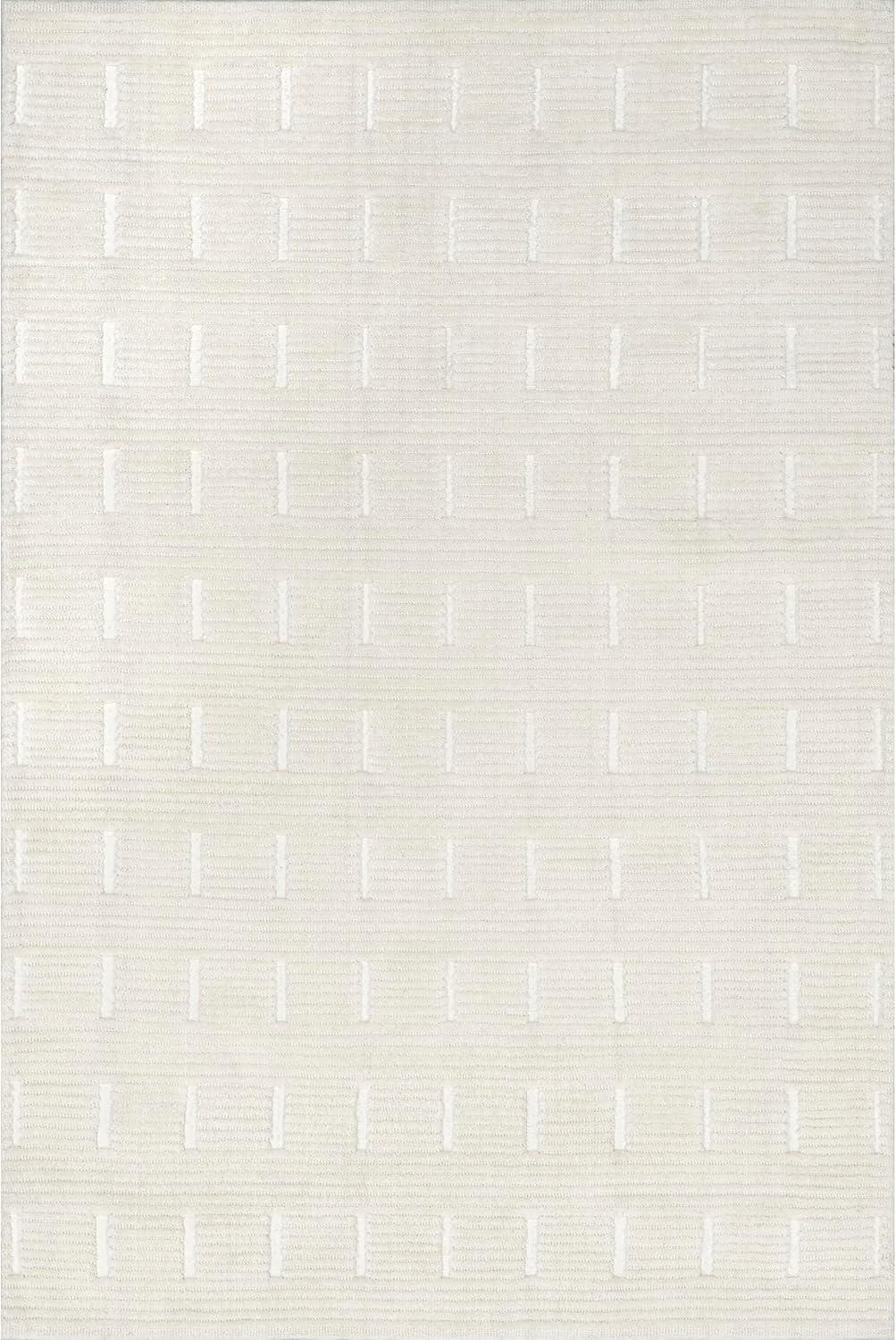 Ivory Striped Wool and Synthetic Rectangular Area Rug, 5x8