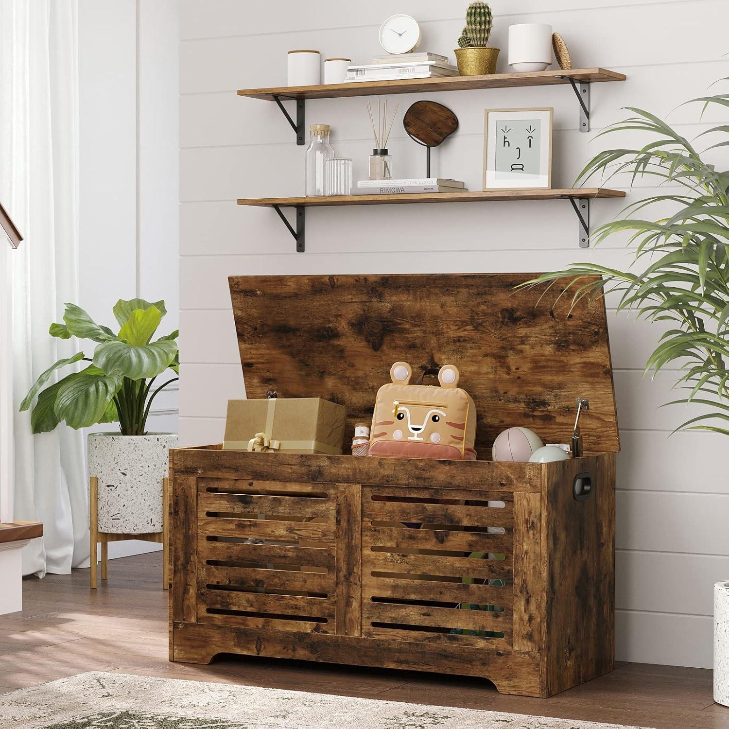 Rustic Brown Wooden Flip-Top Storage Chest with Safety Hinges