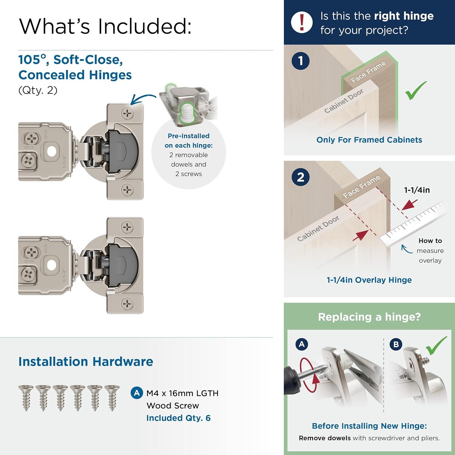 1-1/4 inch (32mm) Overlay Face Frame Soft Close Concealed Cabinet Hinge - 1 Pair