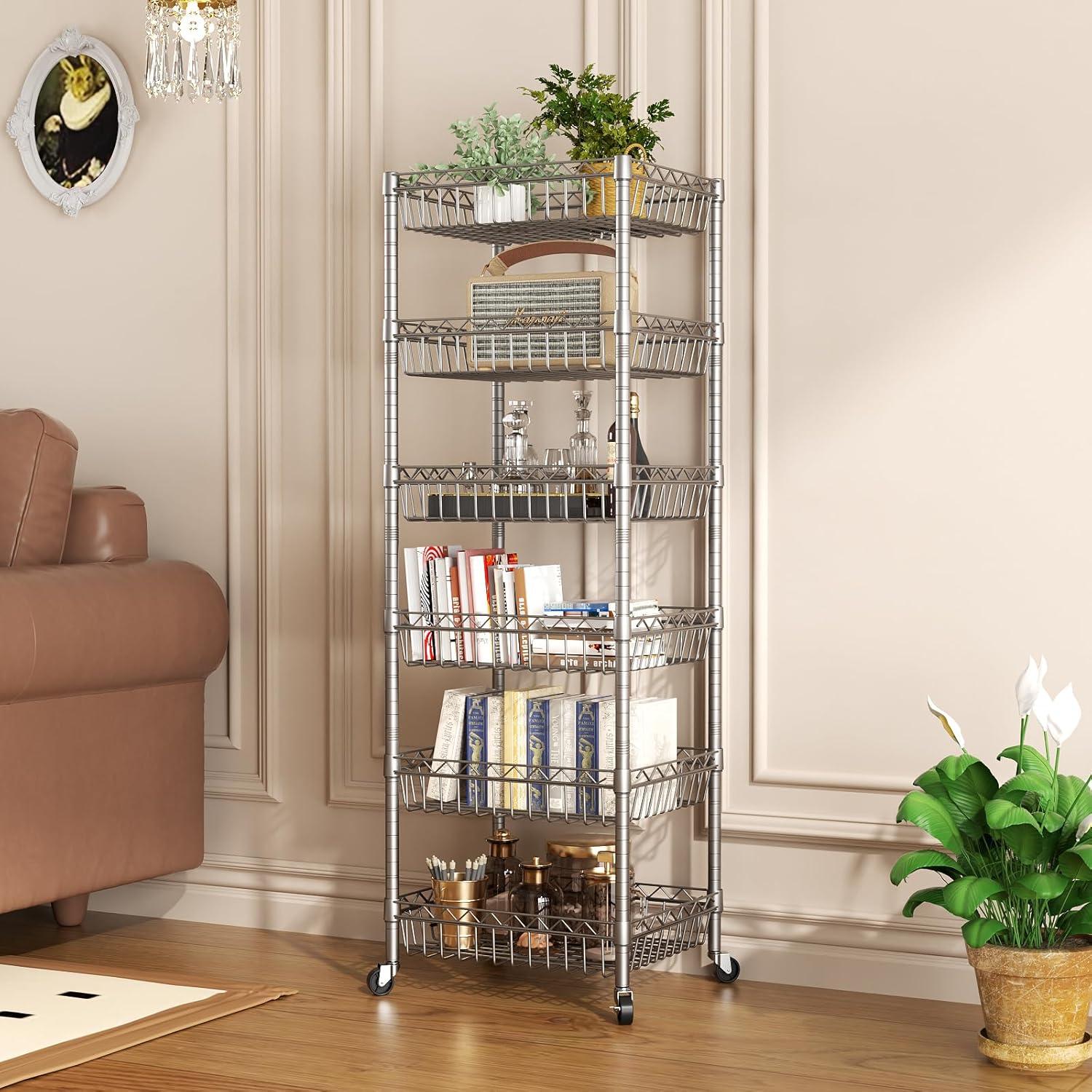 SINGAYE 6 Tier Shelf Adjustable Storage Shelves Rack Standing Units with Wheels Closet Wire Shelving Organizers Metal Pantry Kitchen Laundry Room 13.5" D x 13.5" W x 63" H Silver