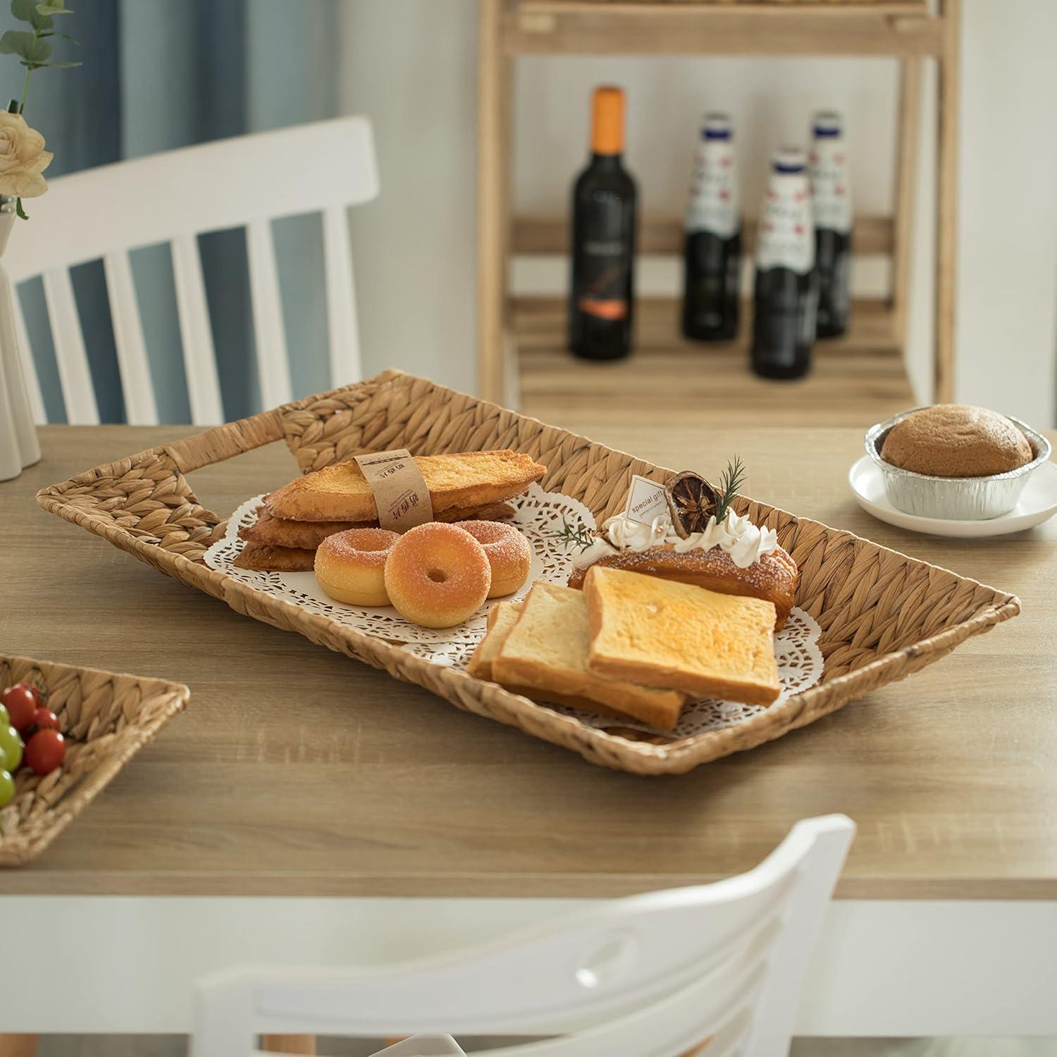 Natural Decorative Rectangular Hand-Woven Water Hyacinth Serving Tray with Built-in Handles