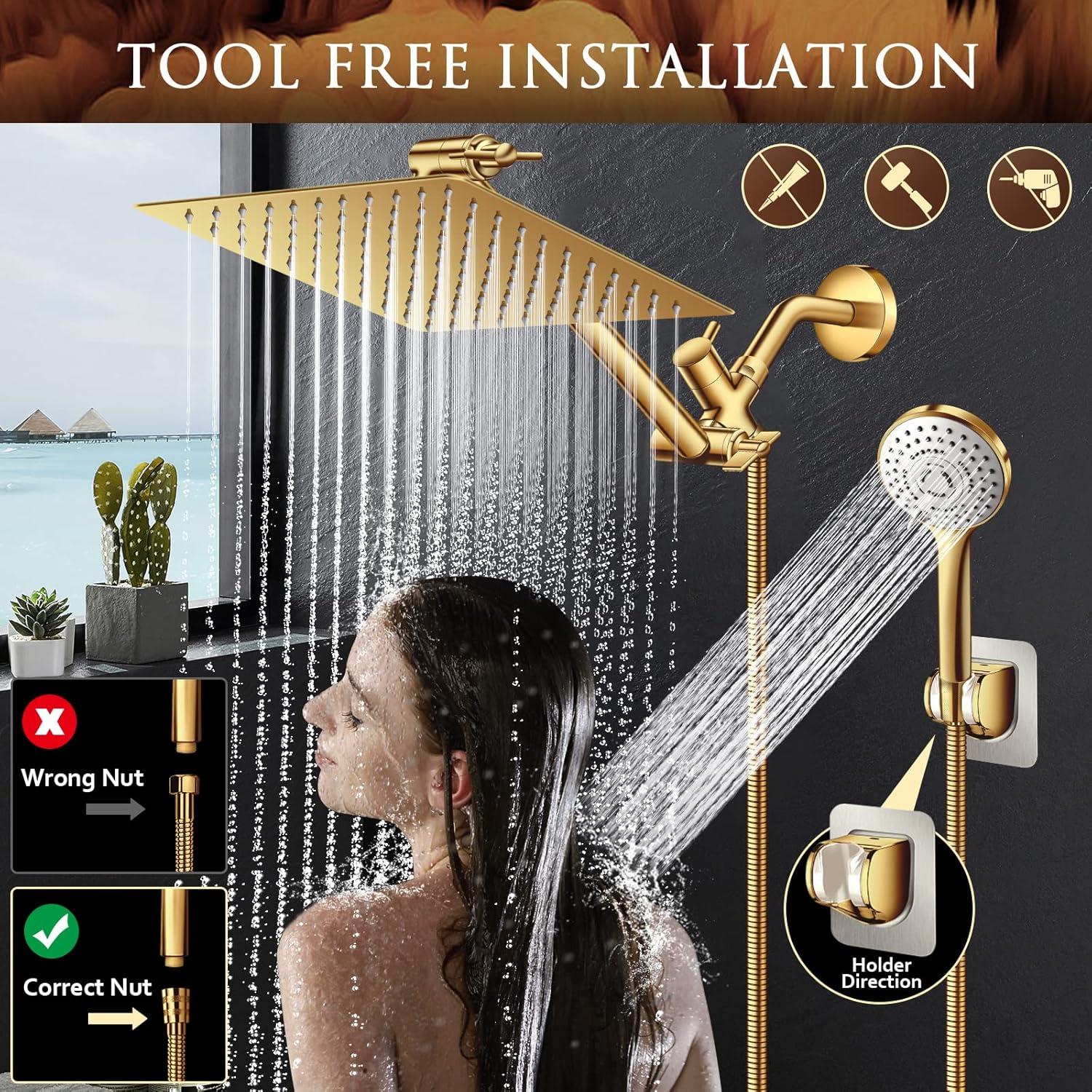 12'' Shower Head with Handheld, High Pressure Rainfall Shower Head Combo with 11'' Adjustable Extension Arm, 5 Setting Hand Held Shower Head with 60 Inch Shower Hose. Anti-Leak (Gold)