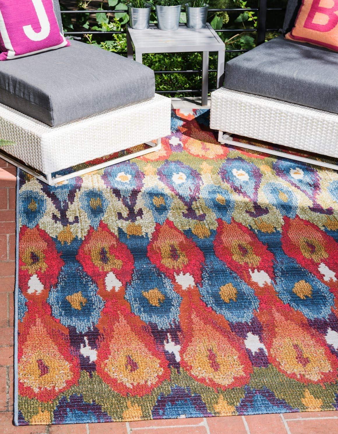 Unique Loom Outdoor Modern Collection Area Rug - Ikat (4' 1" x 6' 1" Rectangle Multi/Burgundy)